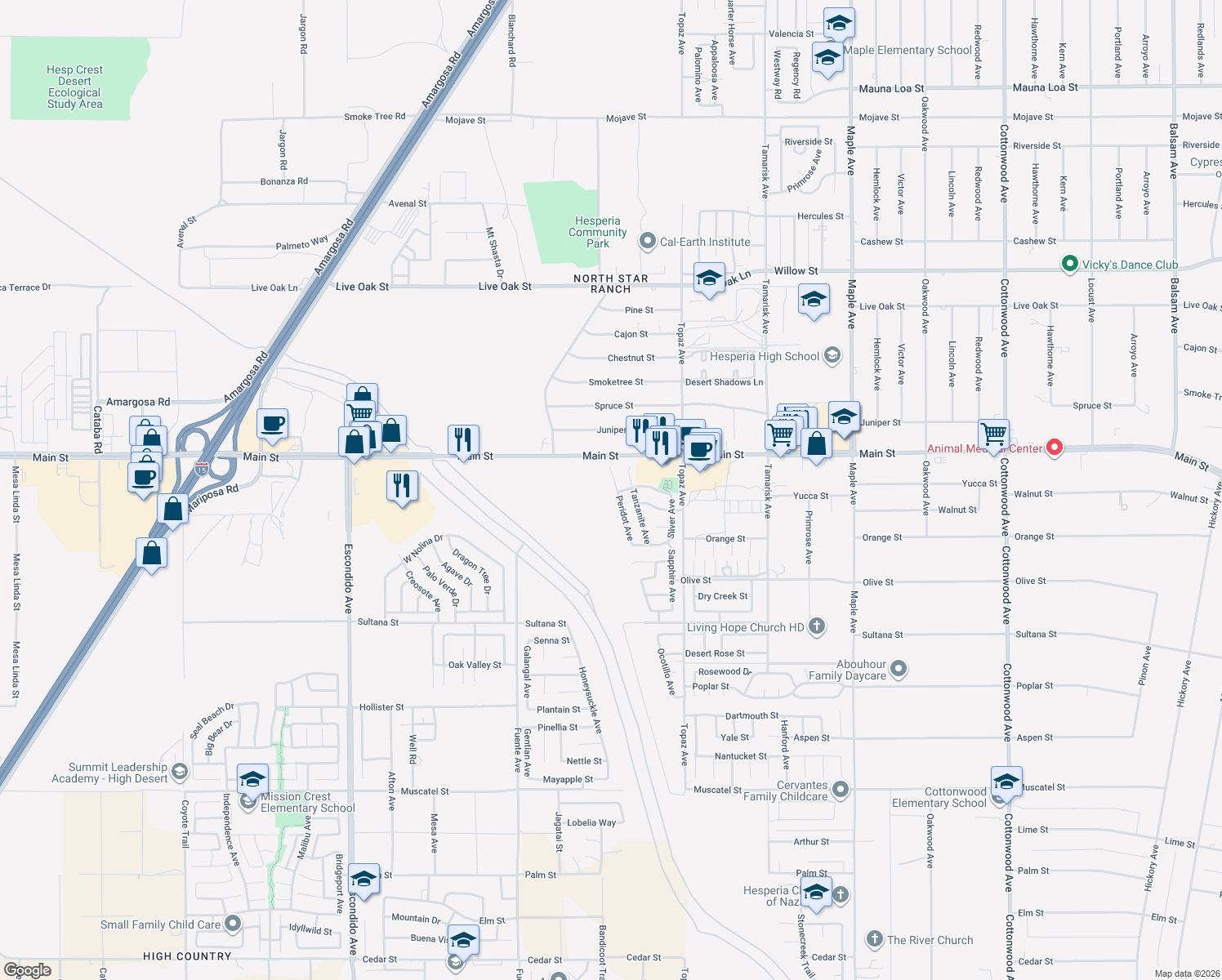 map of restaurants, bars, coffee shops, grocery stores, and more near 9616 Peridot Avenue in Hesperia