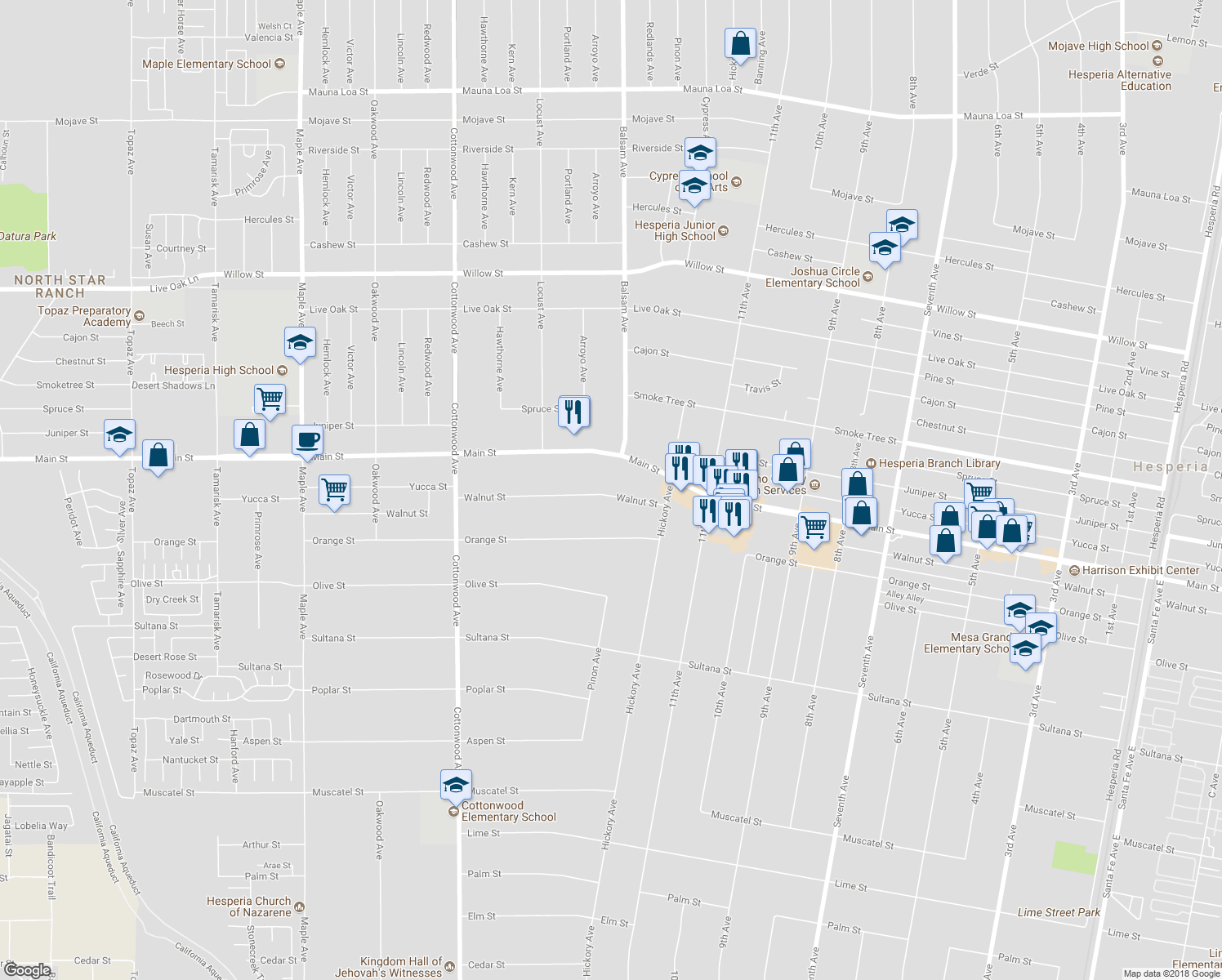 map of restaurants, bars, coffee shops, grocery stores, and more near 15256 Walnut Street in Hesperia