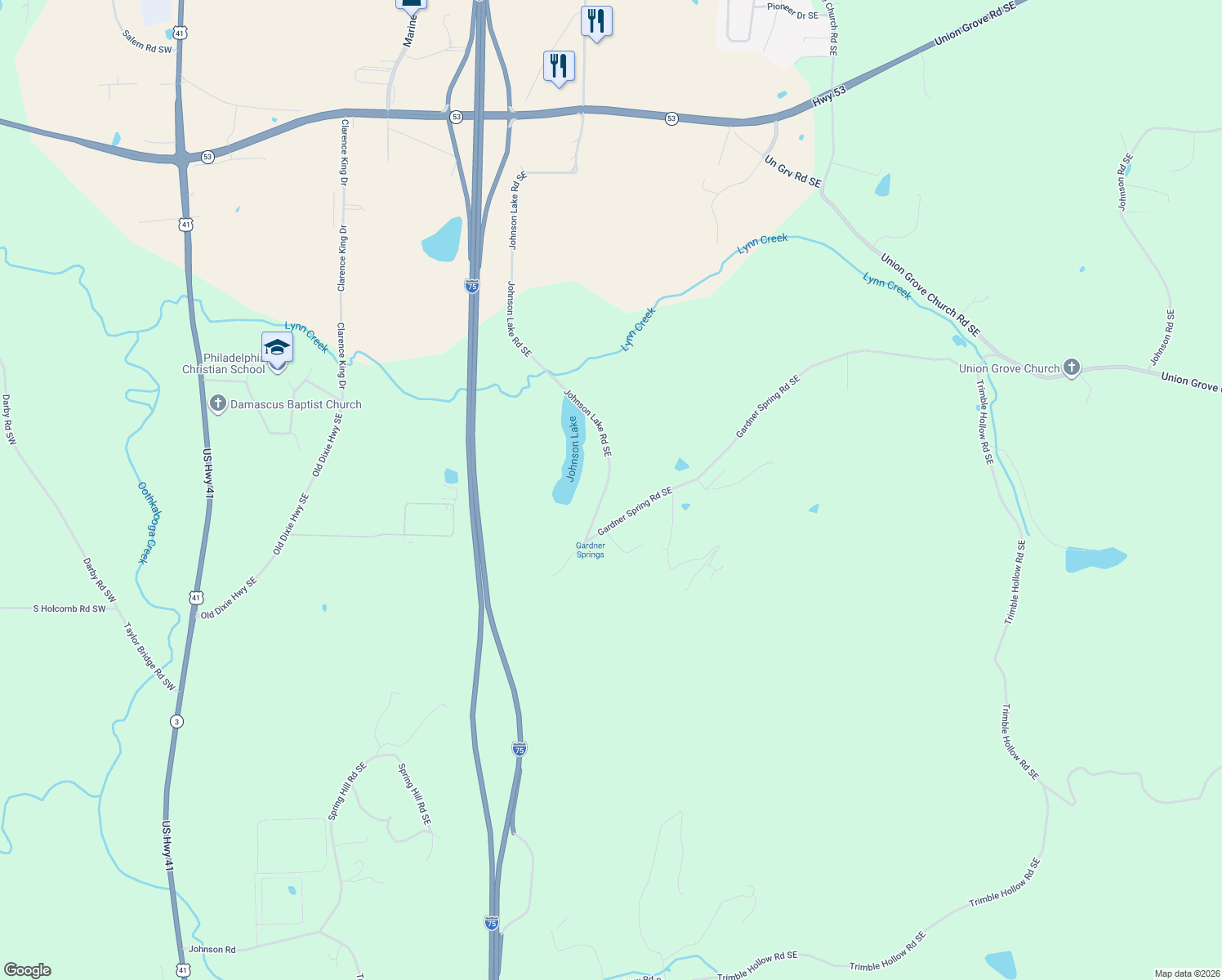 map of restaurants, bars, coffee shops, grocery stores, and more near 770 Johnson Lake Road Southeast in Adairsville