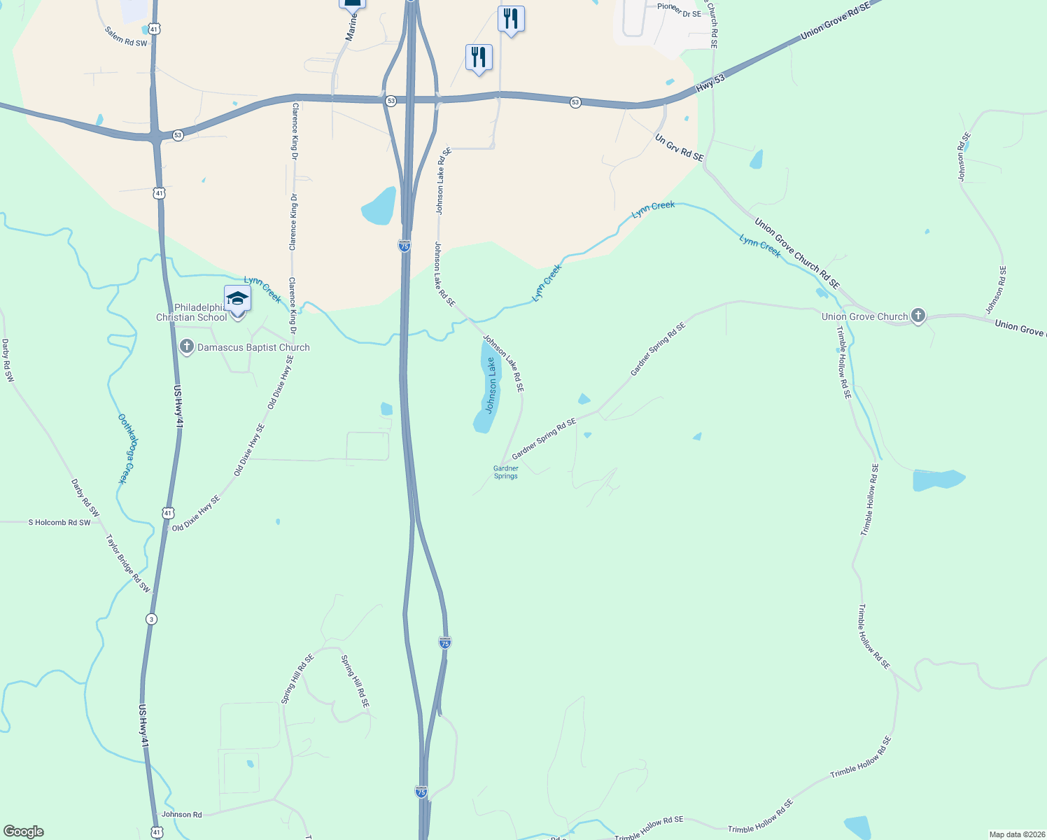 map of restaurants, bars, coffee shops, grocery stores, and more near 770 Johnson Lake Road Southeast in Adairsville