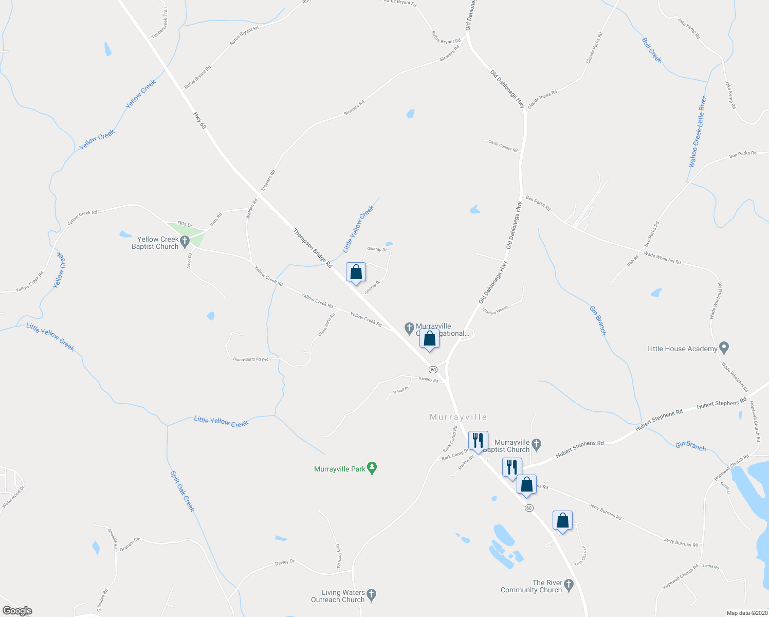 map of restaurants, bars, coffee shops, grocery stores, and more near 5740 Thompson Bridge Road in Murrayville