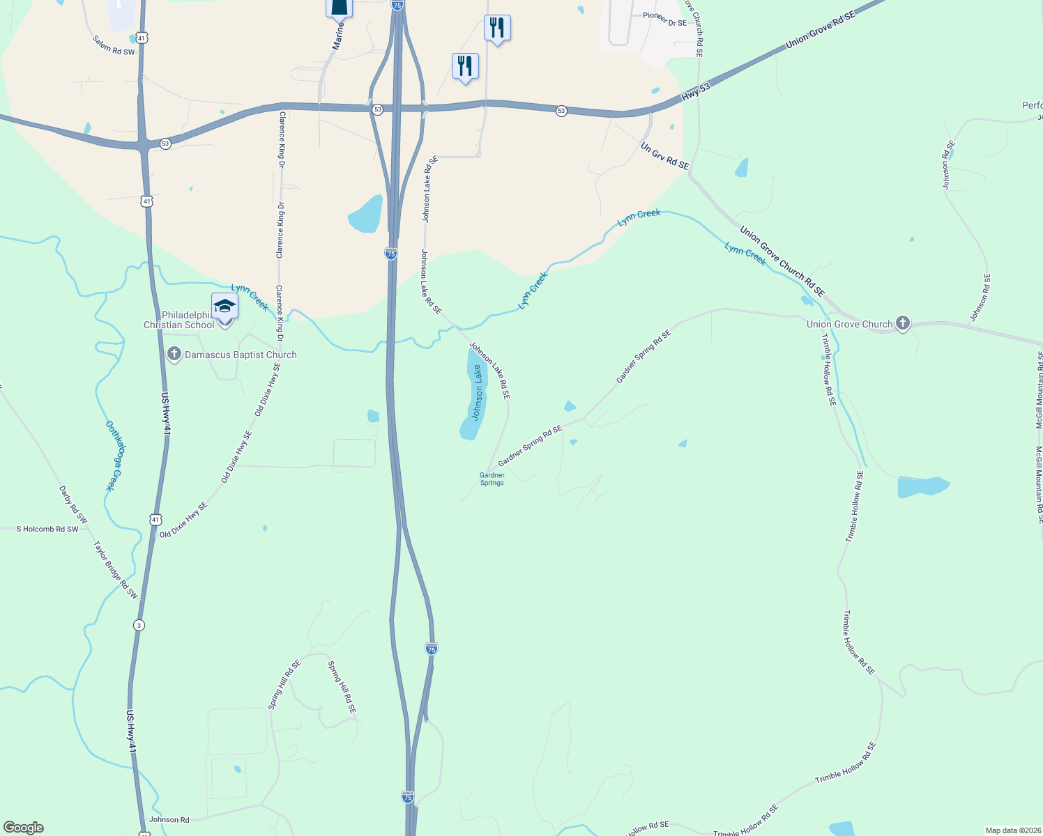 map of restaurants, bars, coffee shops, grocery stores, and more near 740 Johnson Lake Road Southeast in Adairsville