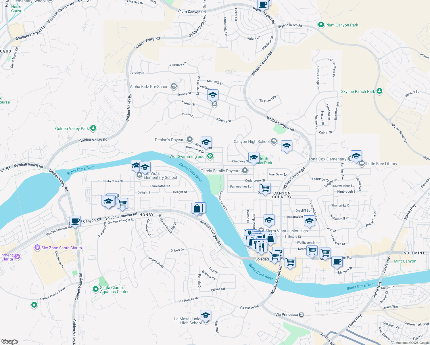 map of restaurants, bars, coffee shops, grocery stores, and more near 19853 Cottonwood Drive in Santa Clarita