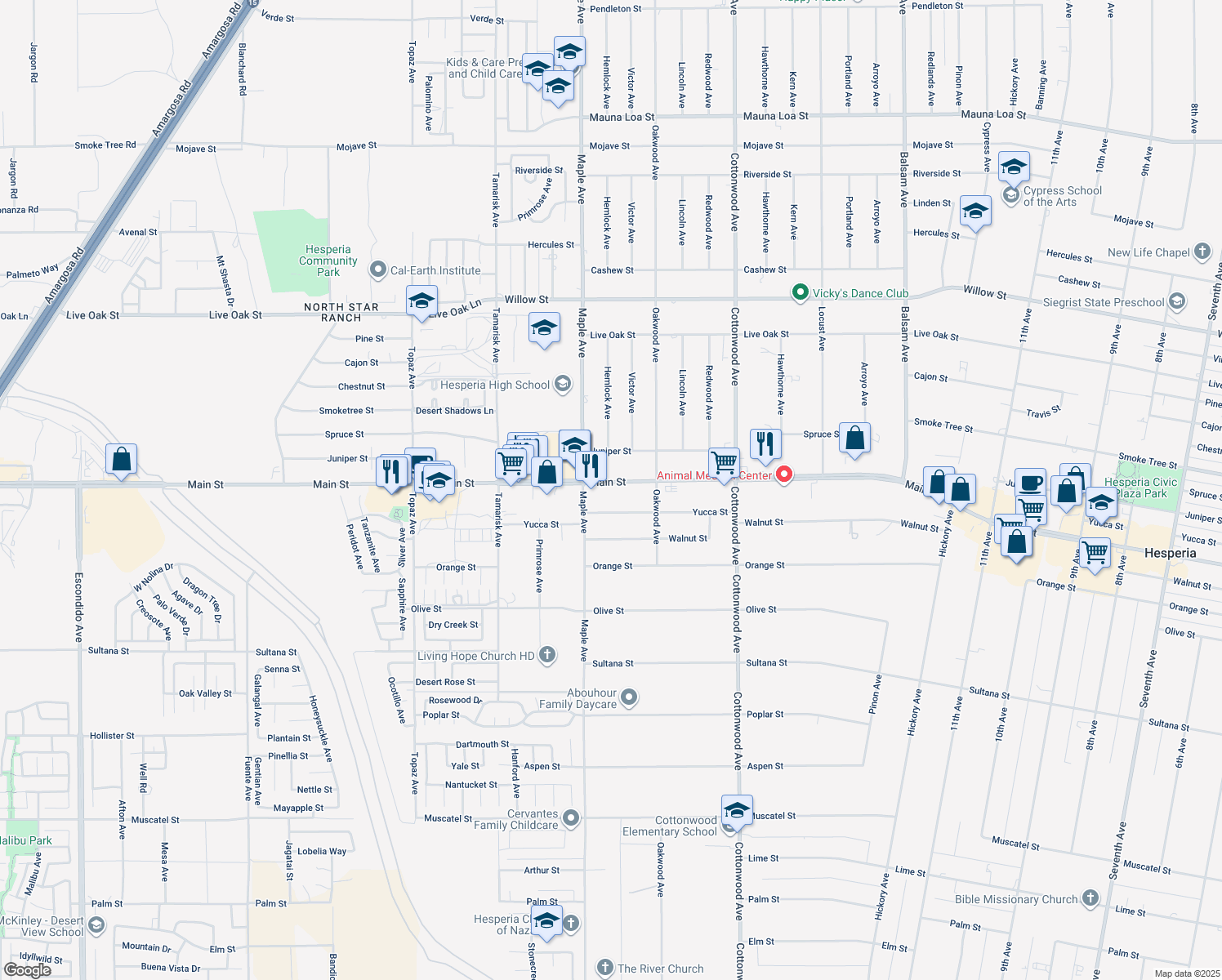 map of restaurants, bars, coffee shops, grocery stores, and more near 14575 Main Street in Hesperia