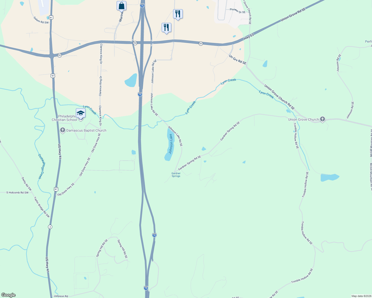 map of restaurants, bars, coffee shops, grocery stores, and more near 740 Johnson Lake Road Southeast in Adairsville
