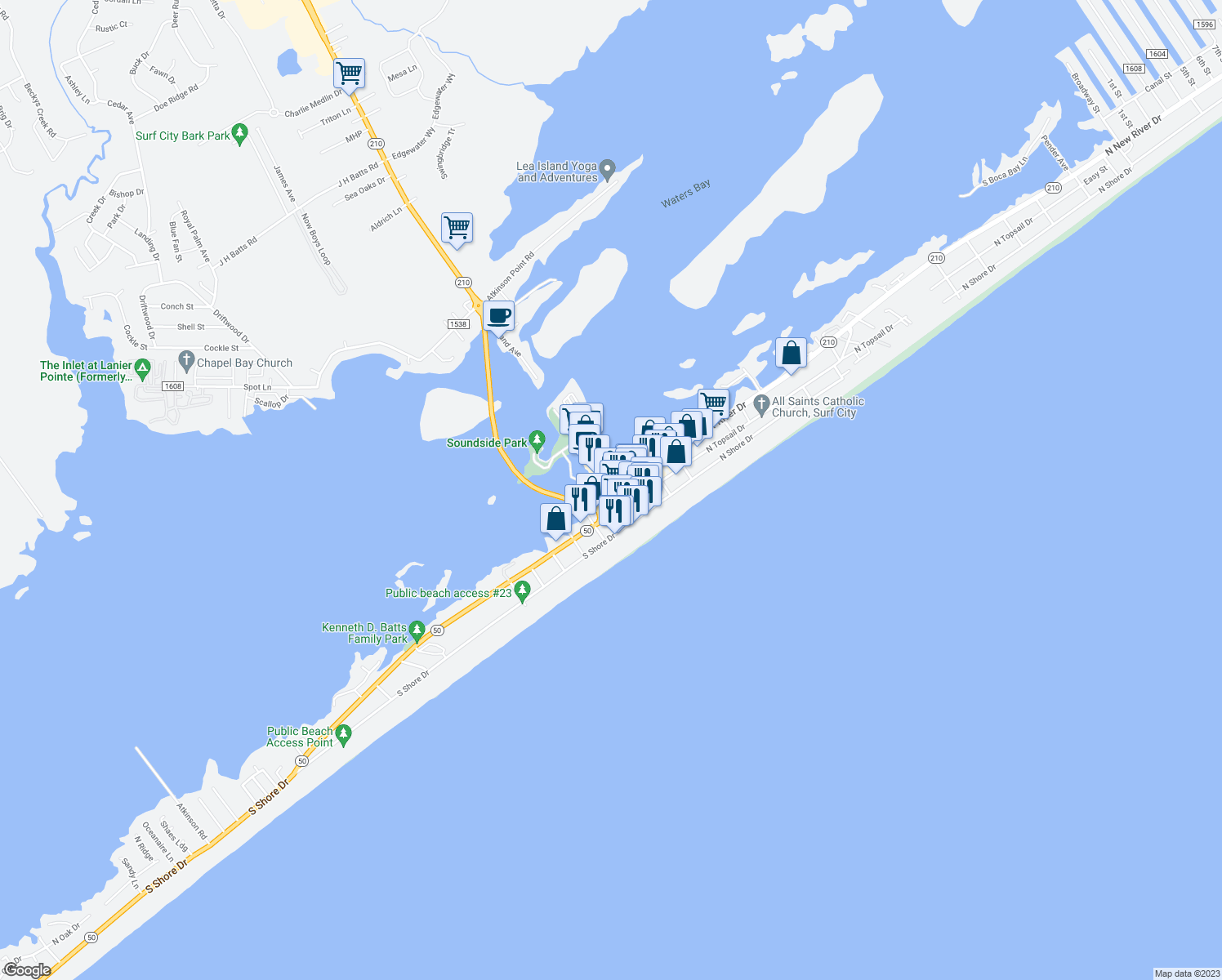 map of restaurants, bars, coffee shops, grocery stores, and more near in Surf City