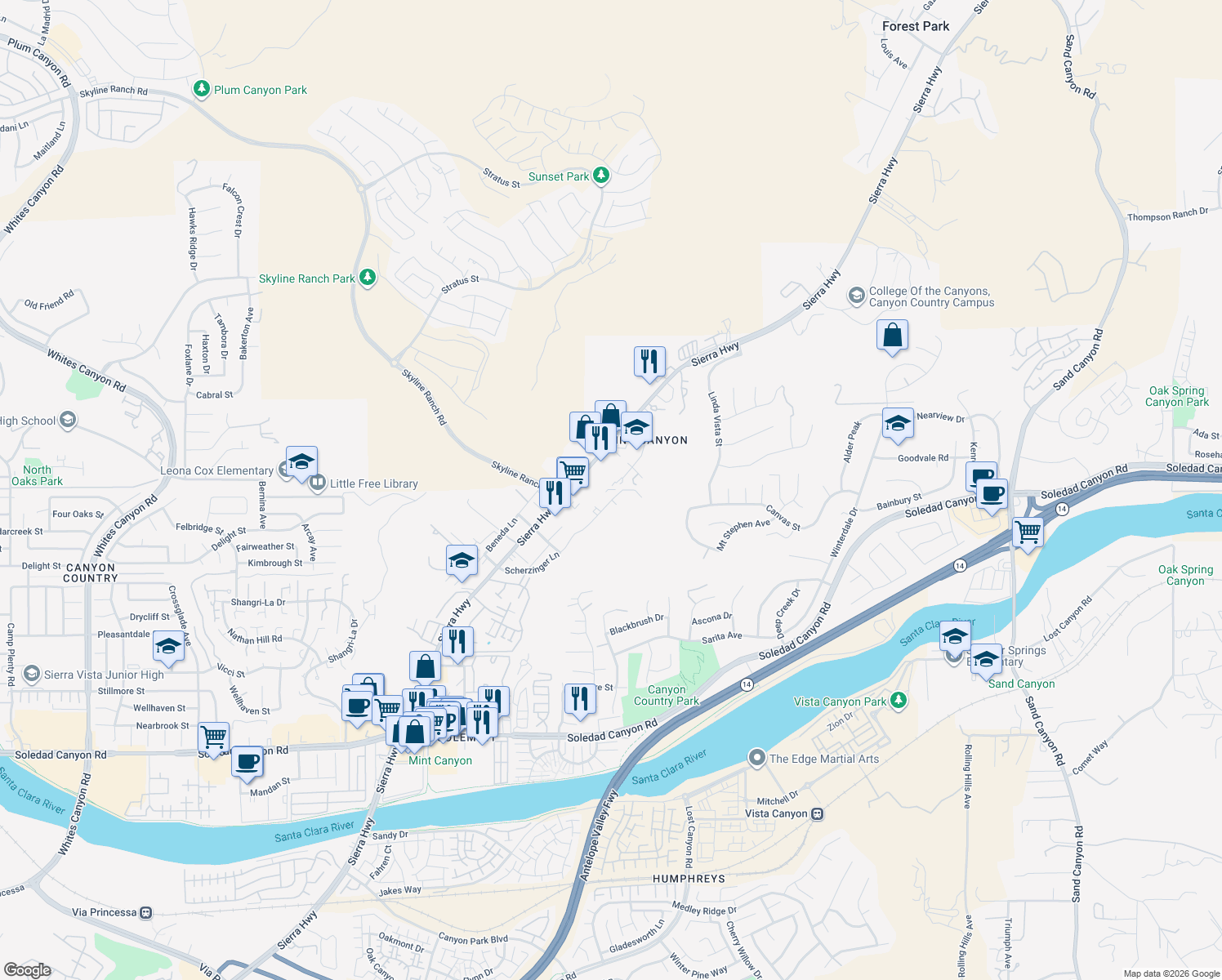 map of restaurants, bars, coffee shops, grocery stores, and more near 17717 Scherzinger Lane in Santa Clarita