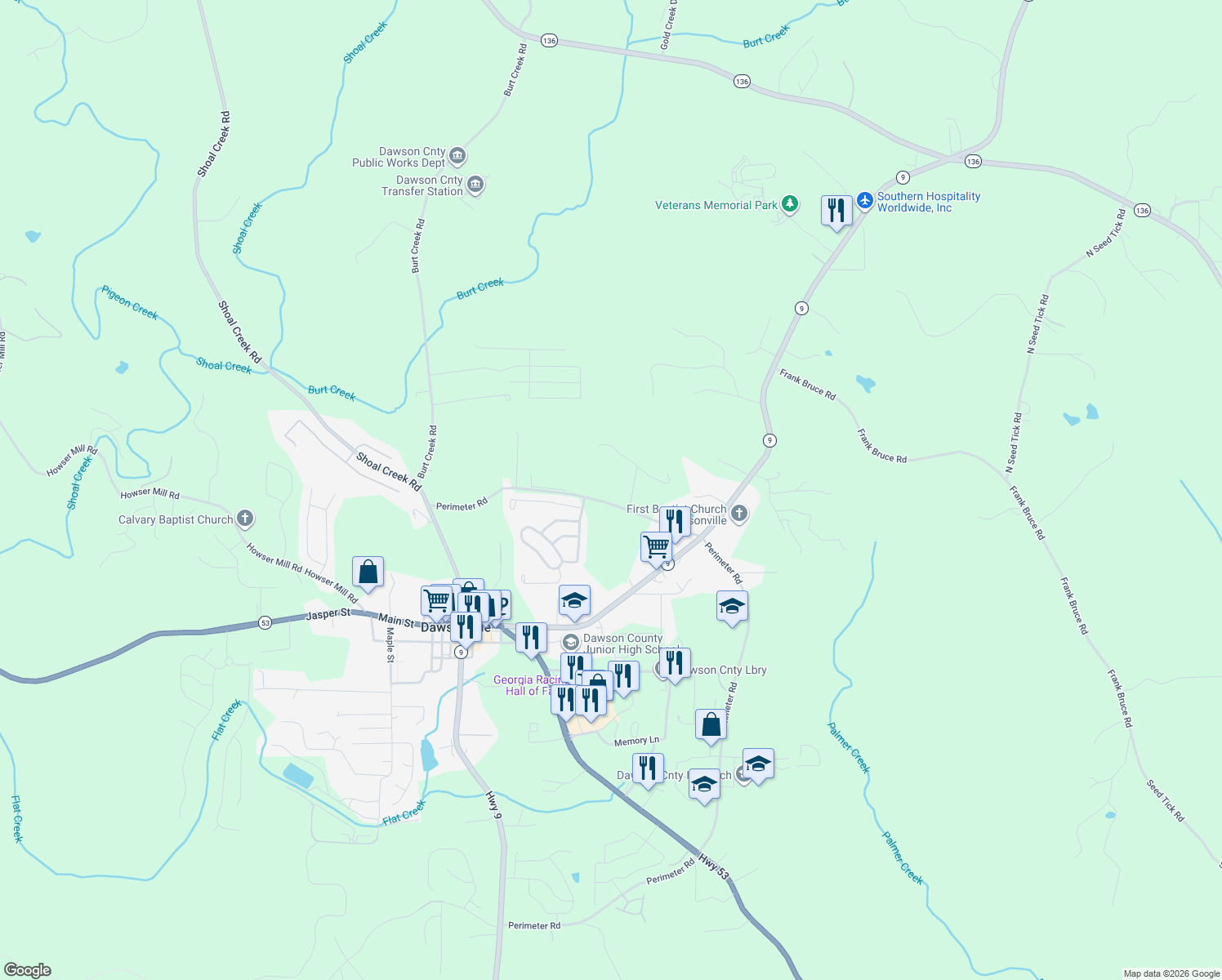 map of restaurants, bars, coffee shops, grocery stores, and more near 555 Perimeter Road in Dawsonville