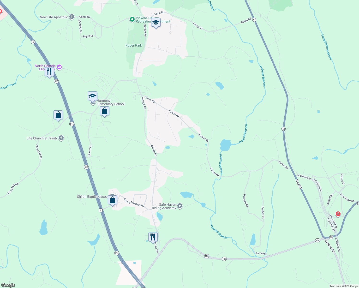 map of restaurants, bars, coffee shops, grocery stores, and more near 315 Keeble Creek Drive in Jasper