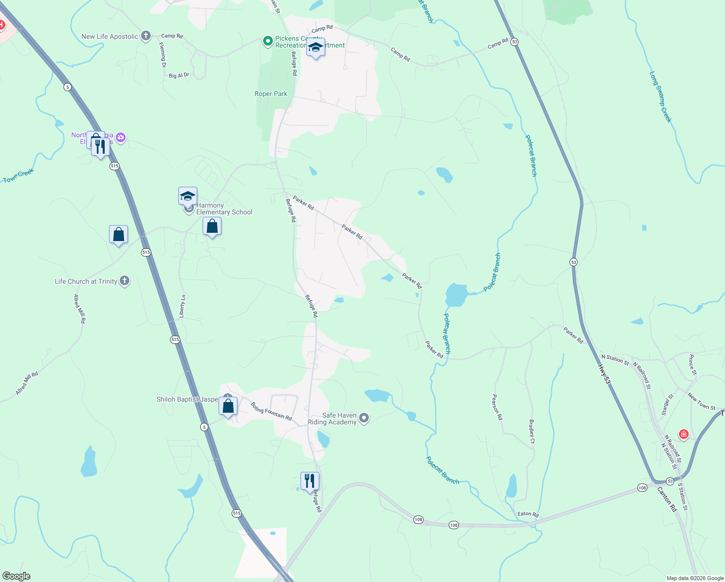 map of restaurants, bars, coffee shops, grocery stores, and more near 315 Keeble Creek Drive in Jasper