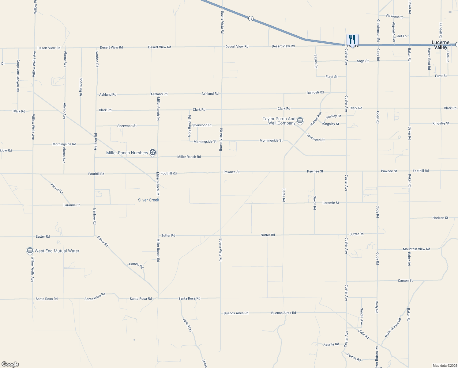 map of restaurants, bars, coffee shops, grocery stores, and more near 9605 Buena Vista Road in Lucerne Valley