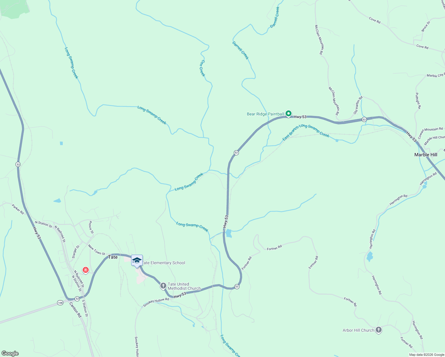 map of restaurants, bars, coffee shops, grocery stores, and more near 1150 Sandy Bottom Road in Tate