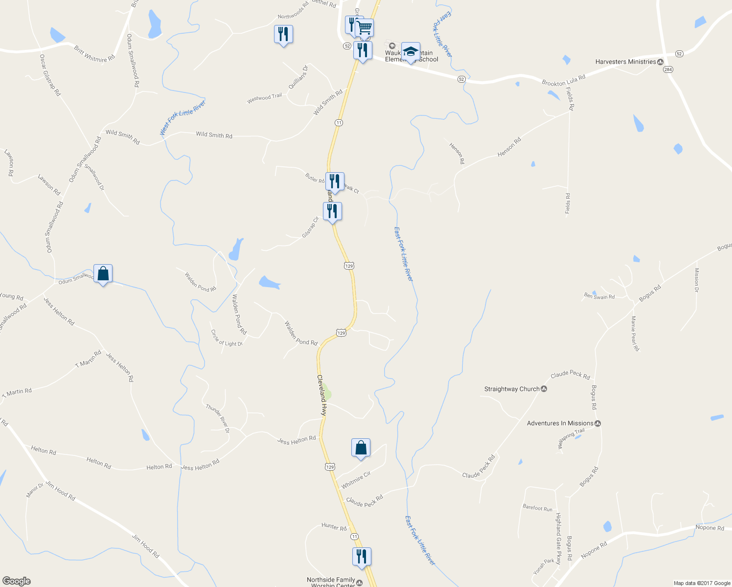map of restaurants, bars, coffee shops, grocery stores, and more near 4707 Deer River Trail in Gainesville