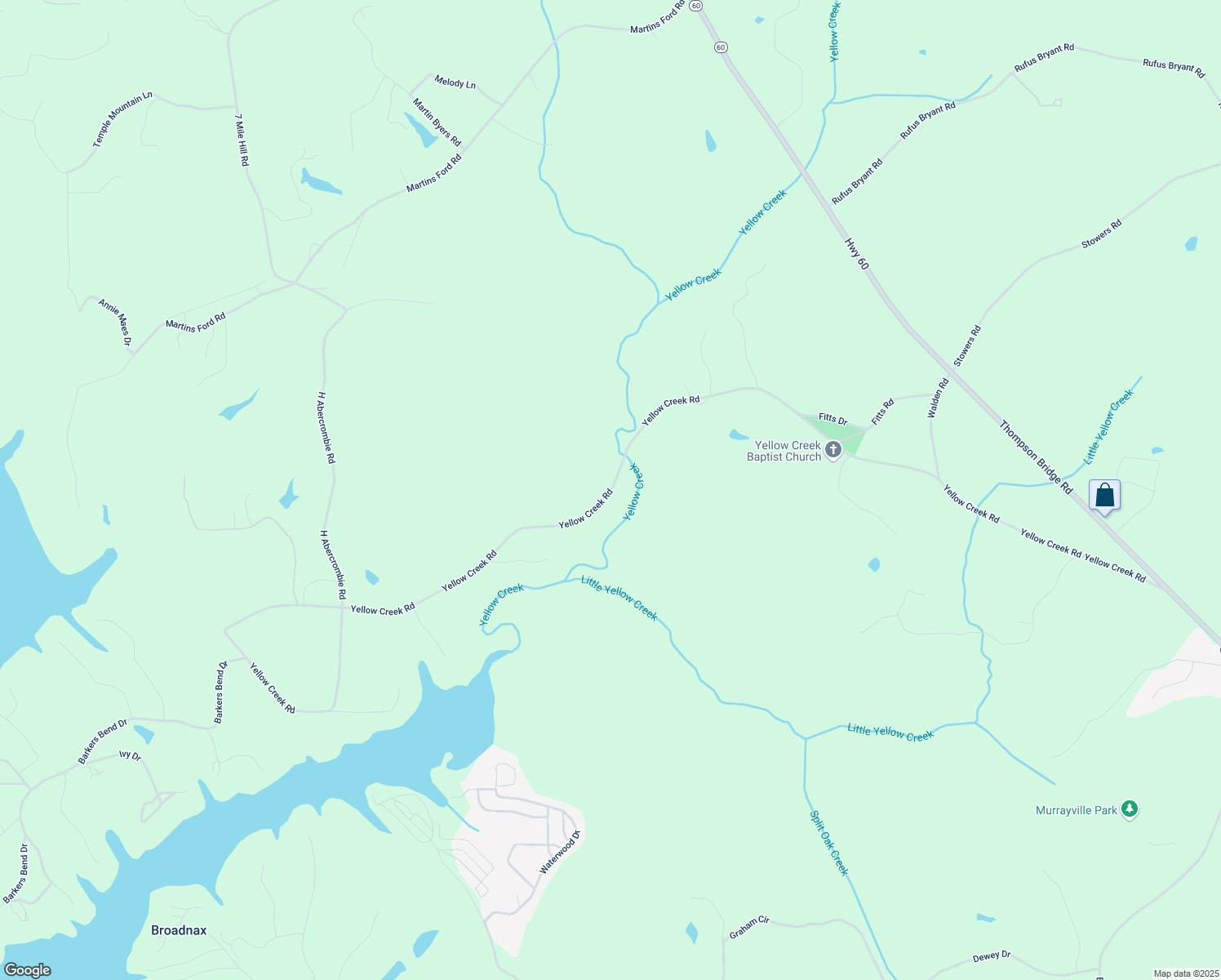 map of restaurants, bars, coffee shops, grocery stores, and more near Yellow Creek Road in Hall County