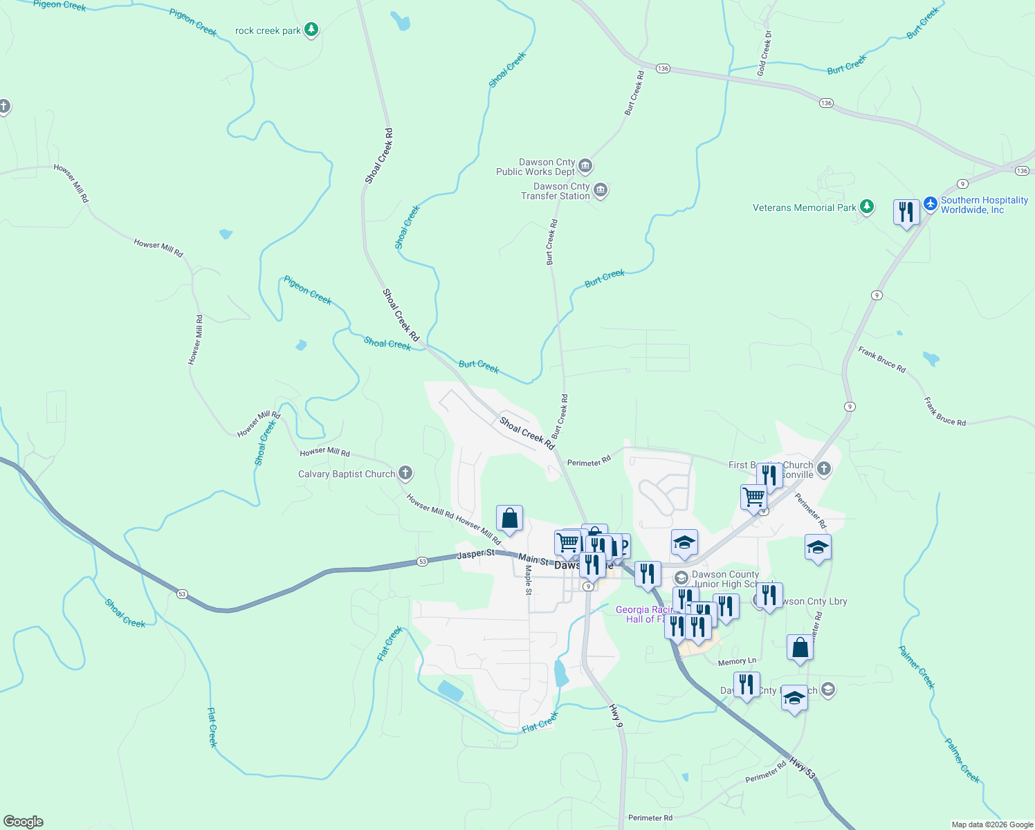 map of restaurants, bars, coffee shops, grocery stores, and more near 75 Shoal Creek Court in Dawsonville
