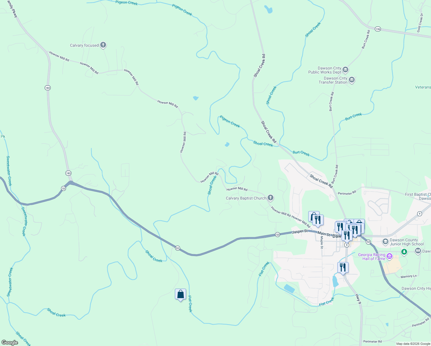 map of restaurants, bars, coffee shops, grocery stores, and more near 1866 Howser Mill Road in Dawsonville