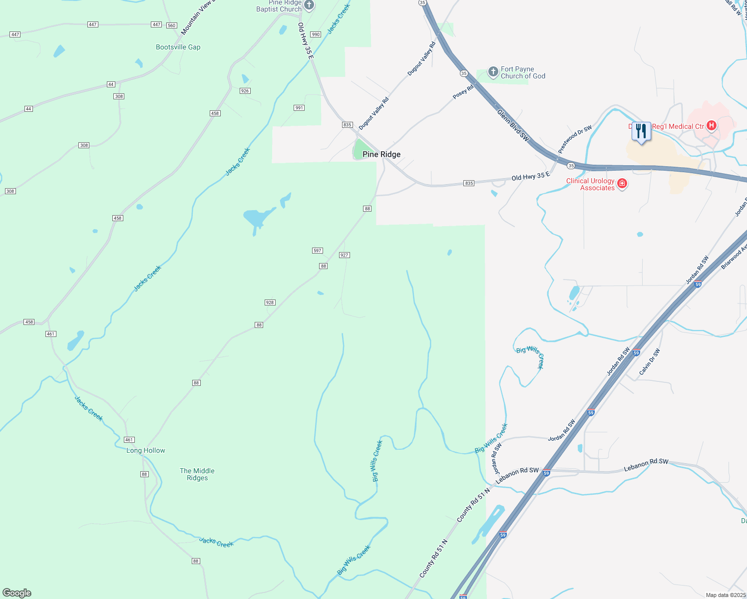 map of restaurants, bars, coffee shops, grocery stores, and more near 380 Long Hollow Circle in Fort Payne