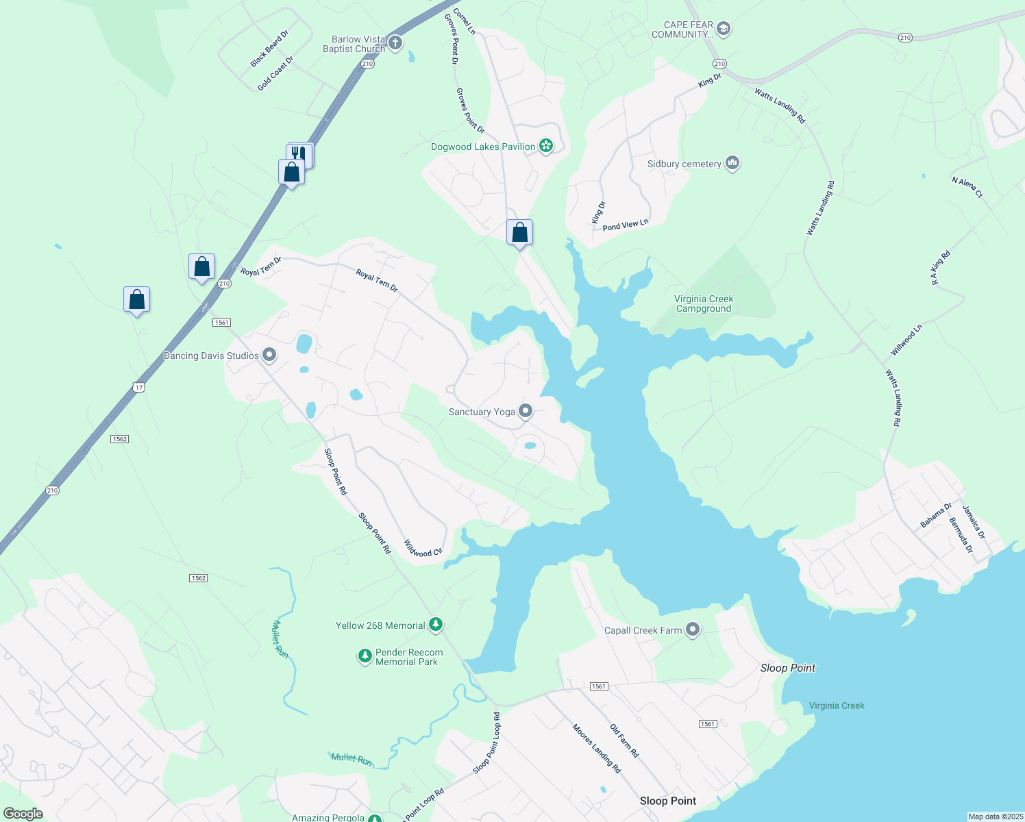 map of restaurants, bars, coffee shops, grocery stores, and more near 105 West High Bluff Drive in Hampstead
