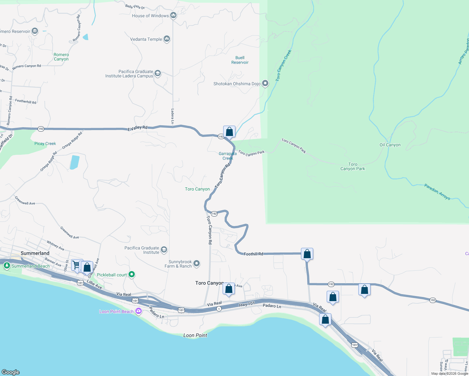 map of restaurants, bars, coffee shops, grocery stores, and more near 484 Toro Canyon Road in Santa Barbara