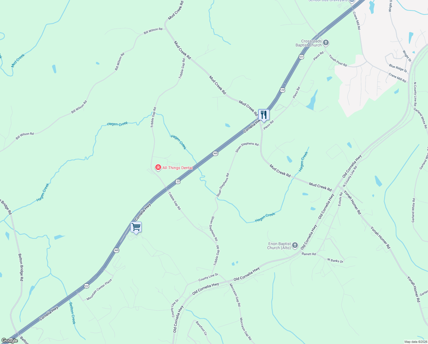 map of restaurants, bars, coffee shops, grocery stores, and more near 7269 Sloan Stephens Road in Alto