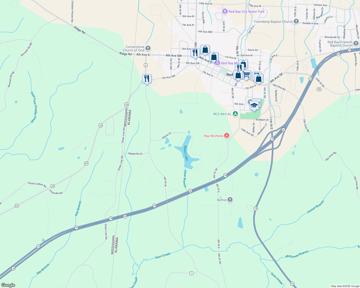 map of restaurants, bars, coffee shops, grocery stores, and more near 199 Jackson Lane in Red Bay