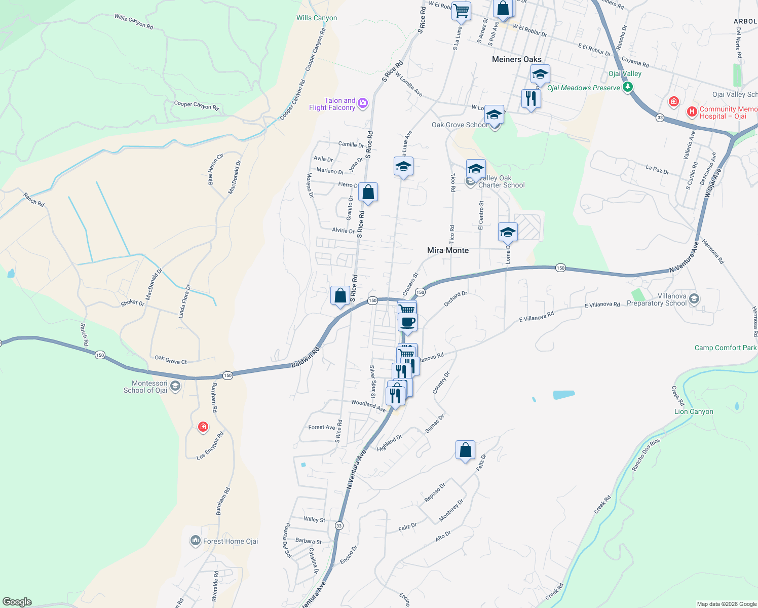 map of restaurants, bars, coffee shops, grocery stores, and more near 40 Don Antonio Way in Ojai