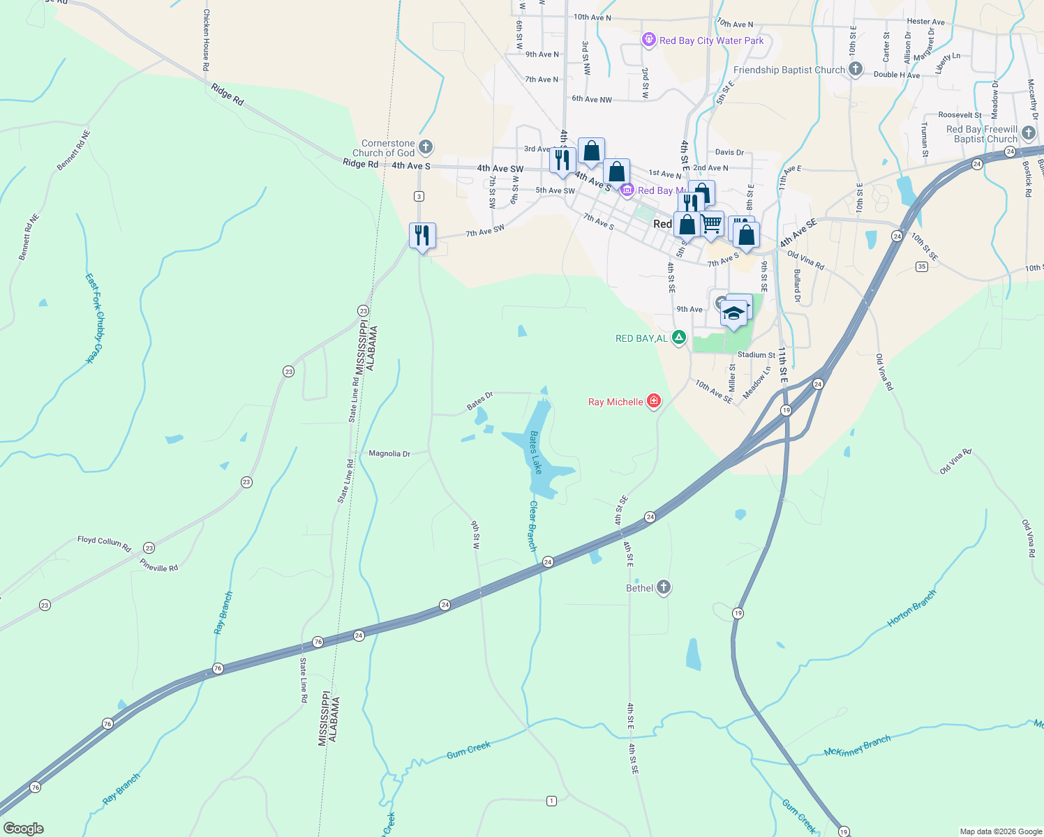 map of restaurants, bars, coffee shops, grocery stores, and more near 199 Jackson Lane in Red Bay