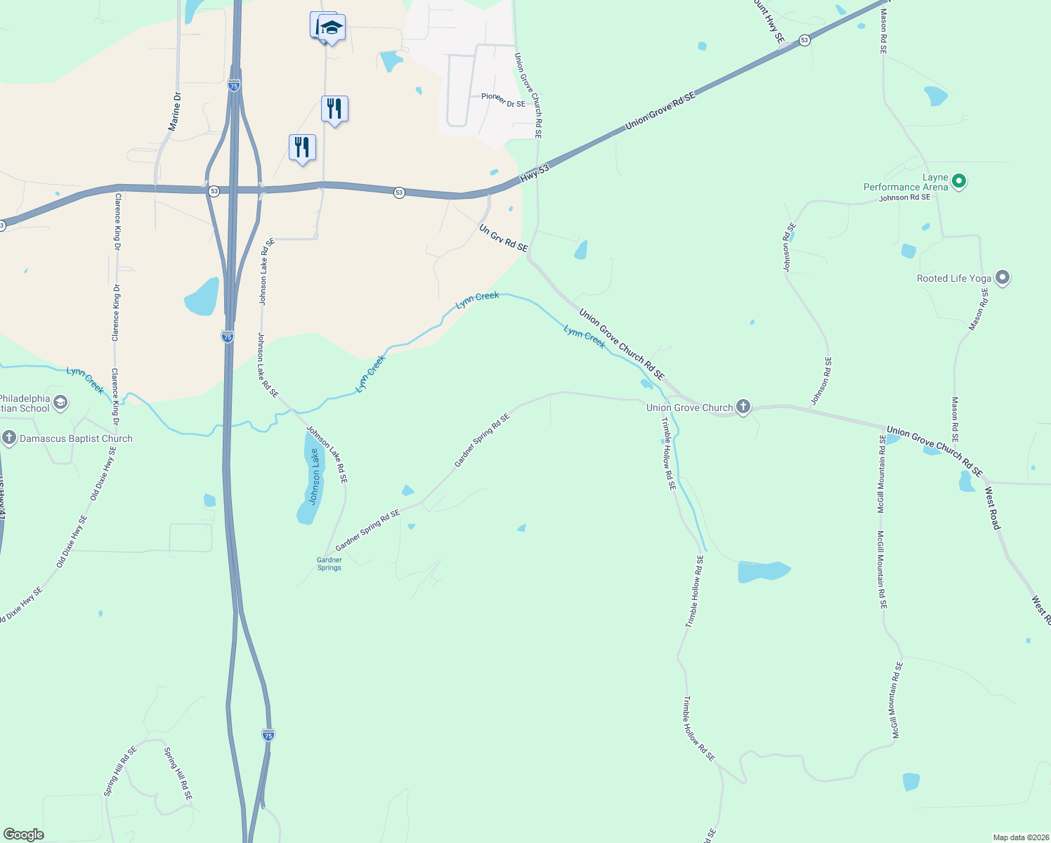 map of restaurants, bars, coffee shops, grocery stores, and more near 1361 Gardner Spring Road Southeast in Adairsville