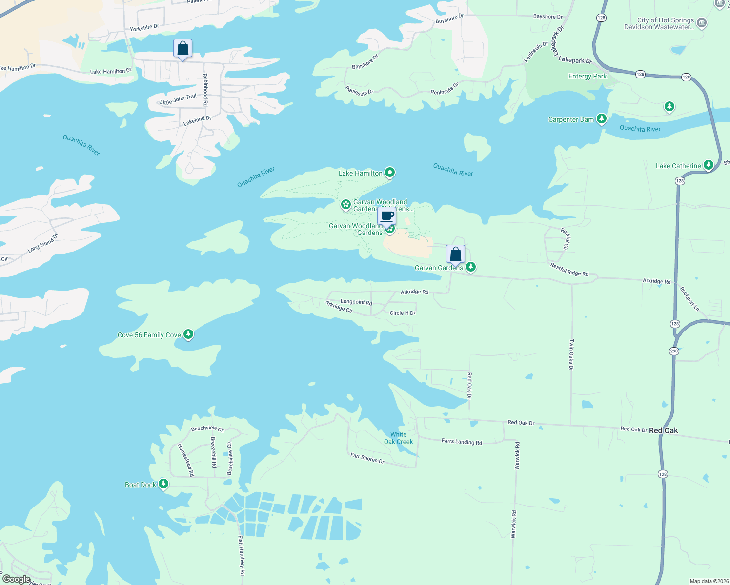 map of restaurants, bars, coffee shops, grocery stores, and more near 813 Arkridge Circle in Garland County