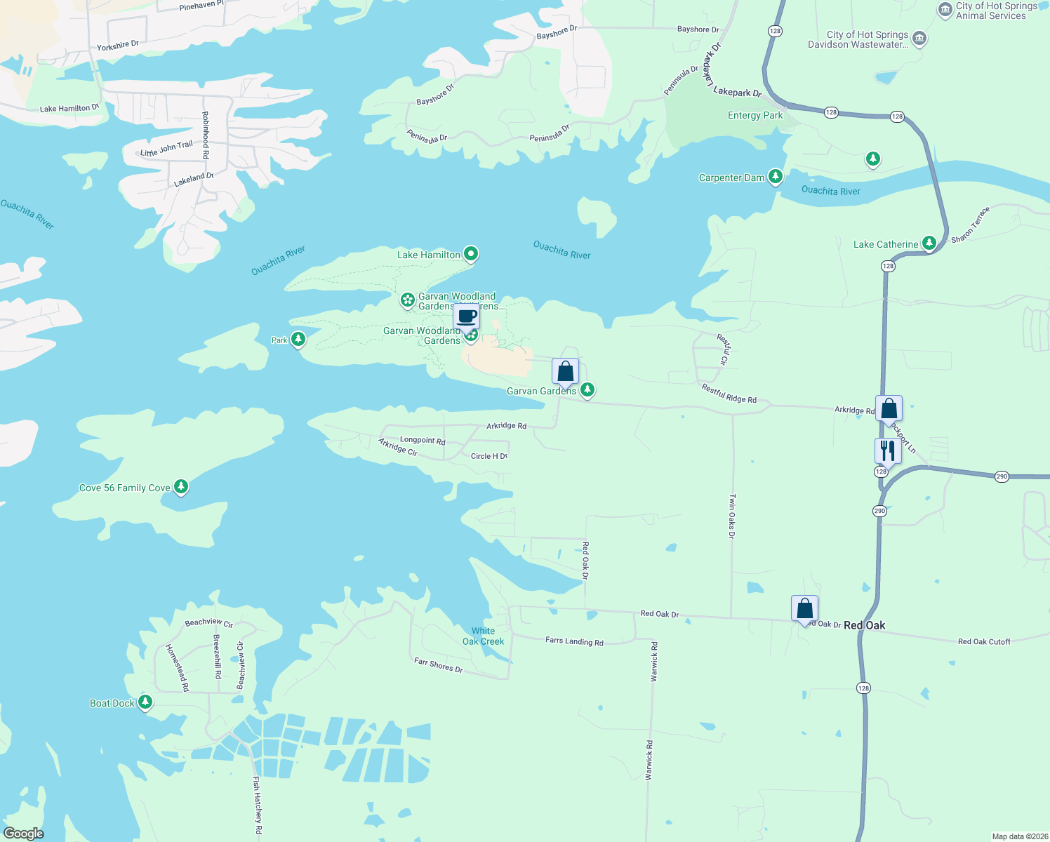 map of restaurants, bars, coffee shops, grocery stores, and more near 640 Arkridge Road in Garland County