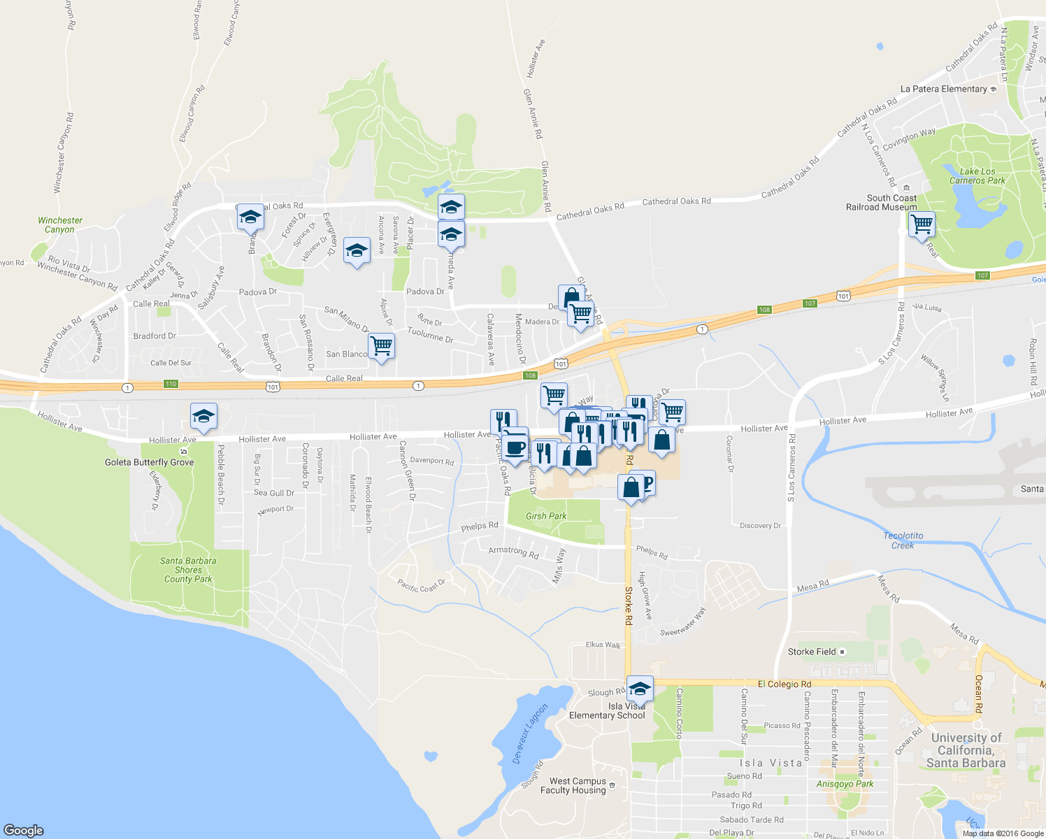 map of restaurants, bars, coffee shops, grocery stores, and more near 145 Santa Felicia Dr in Goleta
