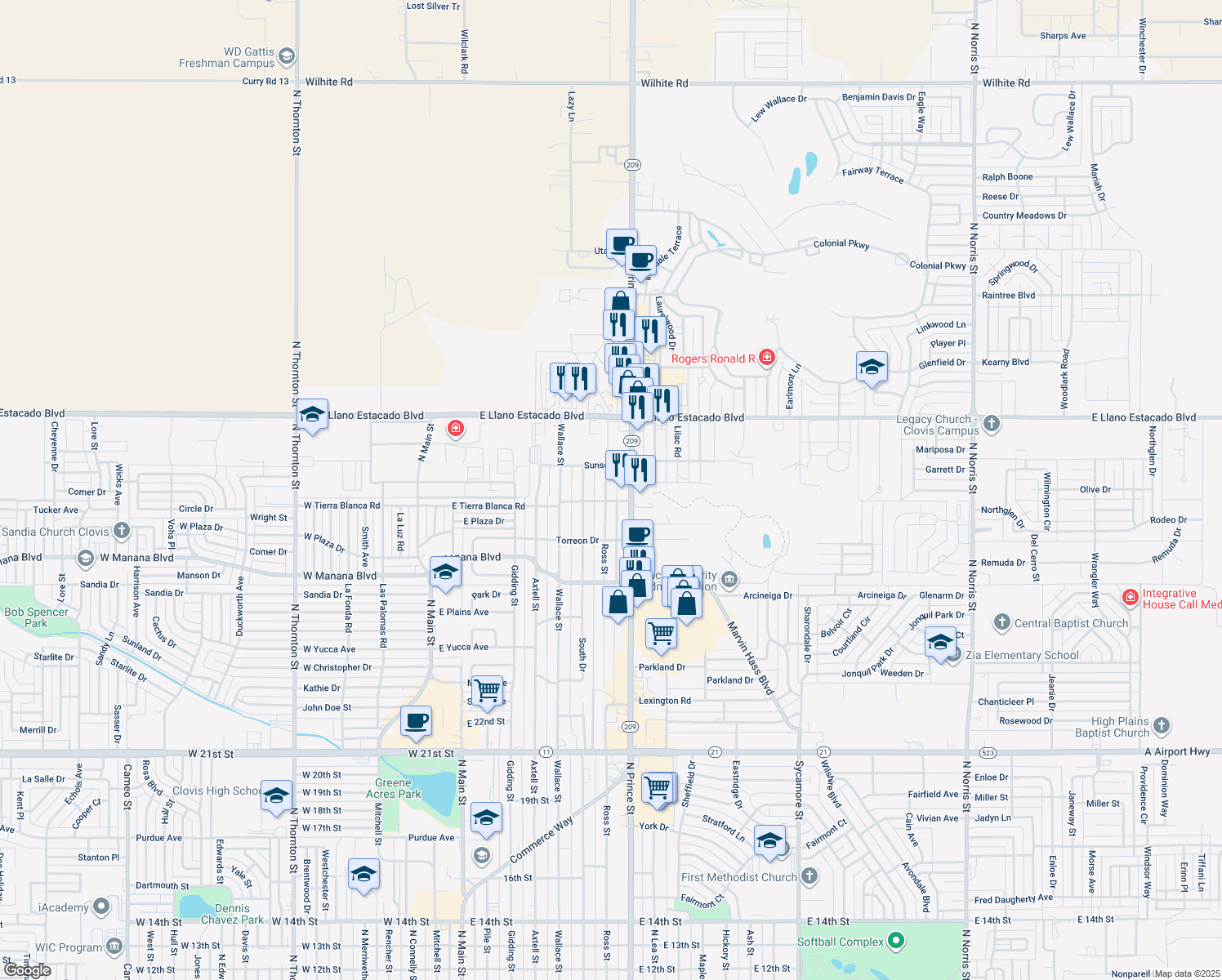 map of restaurants, bars, coffee shops, grocery stores, and more near 3209 Ross Street in Clovis