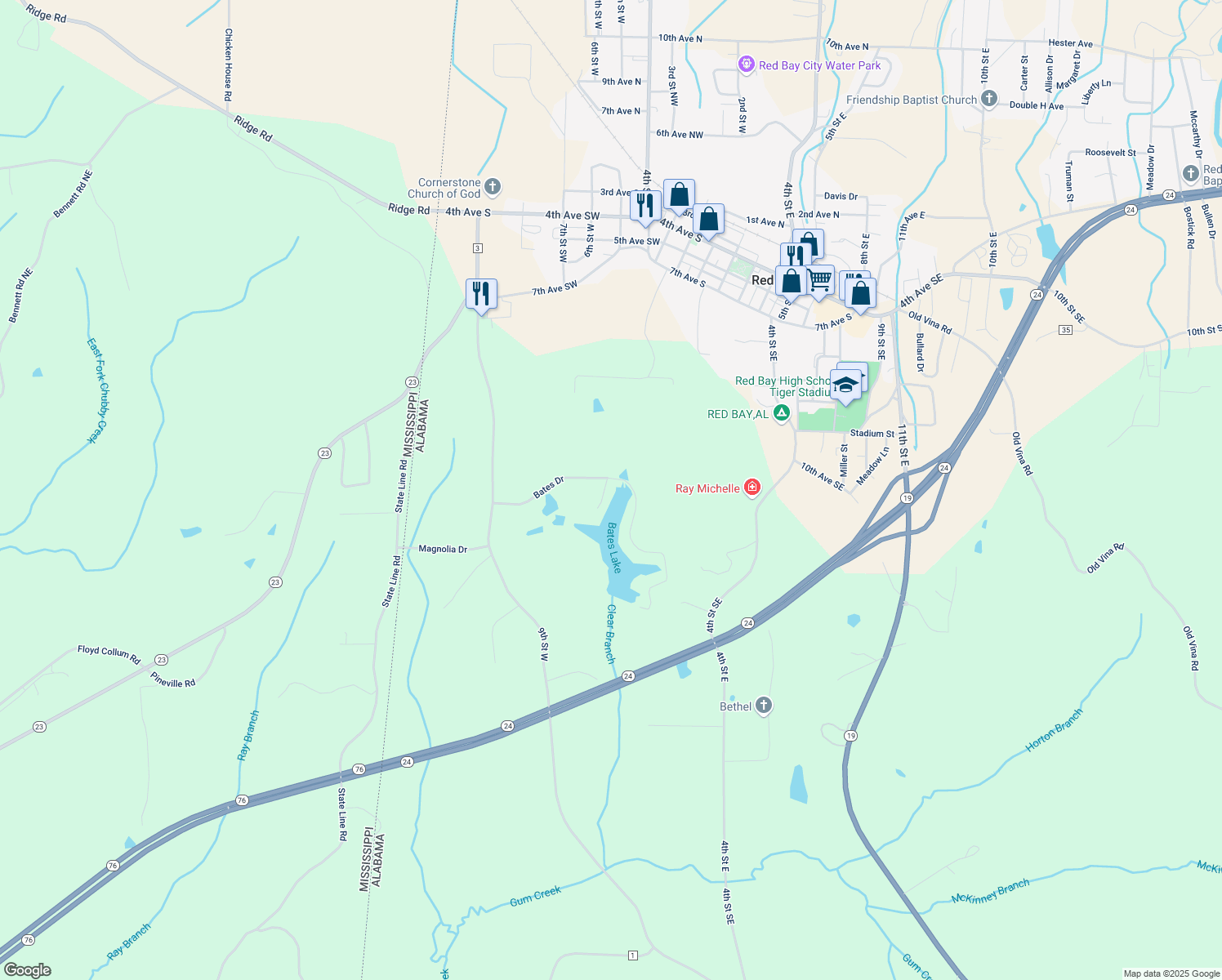 map of restaurants, bars, coffee shops, grocery stores, and more near 185 Bates Drive in Red Bay