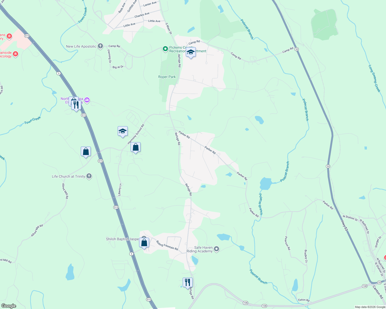 map of restaurants, bars, coffee shops, grocery stores, and more near 151 Walnut Rd in Jasper