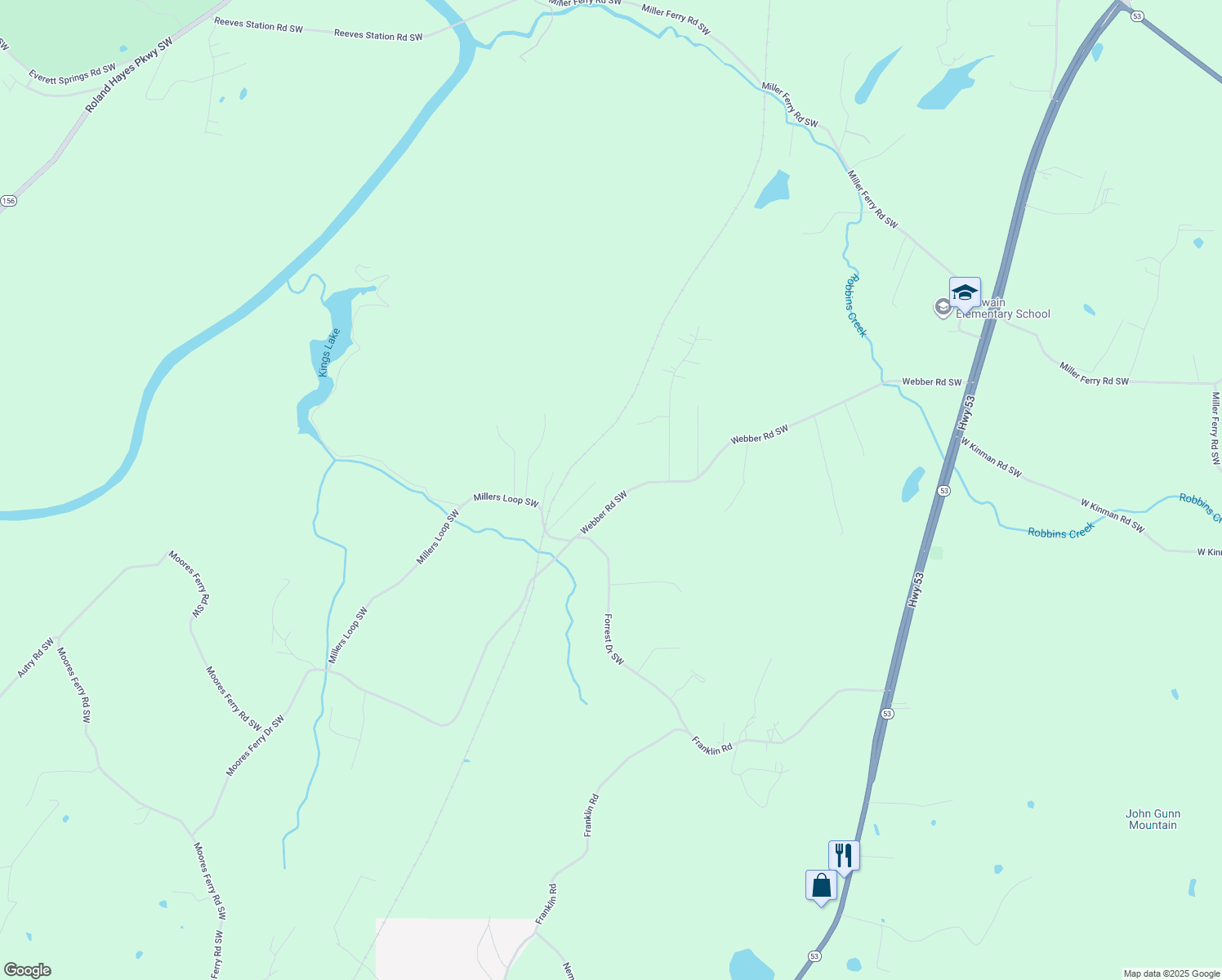 map of restaurants, bars, coffee shops, grocery stores, and more near 723 Webber Road Southwest in Plainville