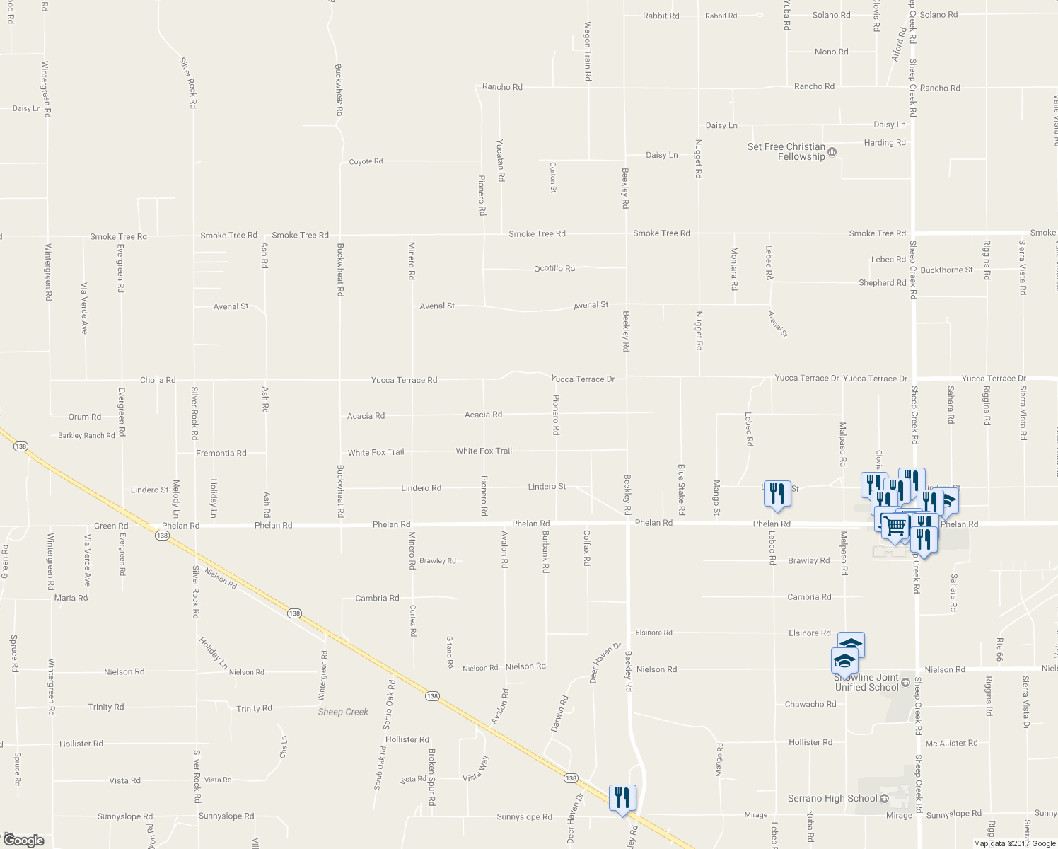 map of restaurants, bars, coffee shops, grocery stores, and more near 3025 Acacia Road in Pinon Hills