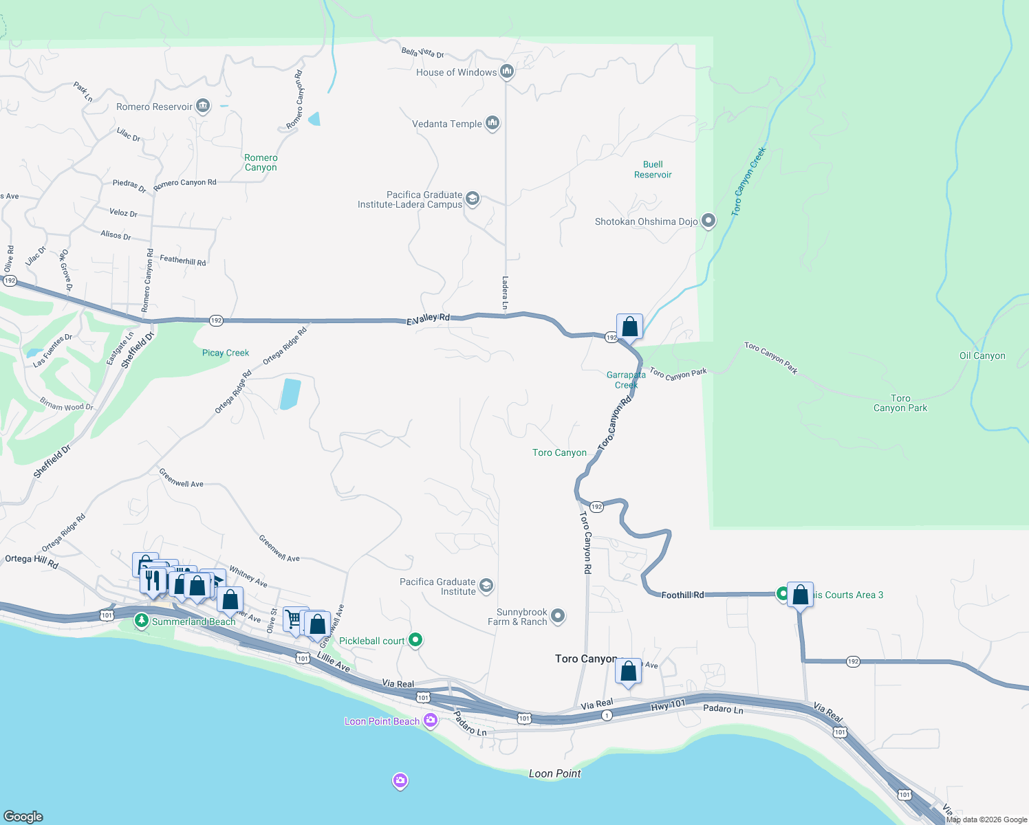 map of restaurants, bars, coffee shops, grocery stores, and more near 2850 Torito Road in Santa Barbara
