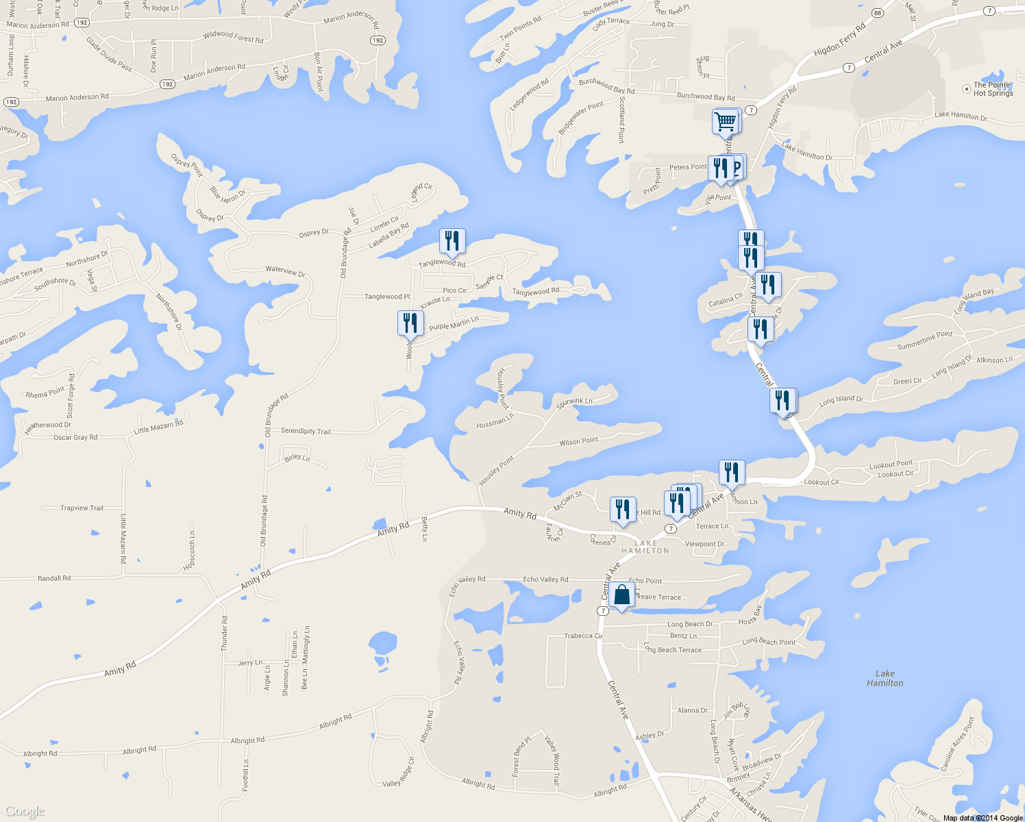 map of restaurants, bars, coffee shops, grocery stores, and more near 391 Housley Point in Lake Hamilton