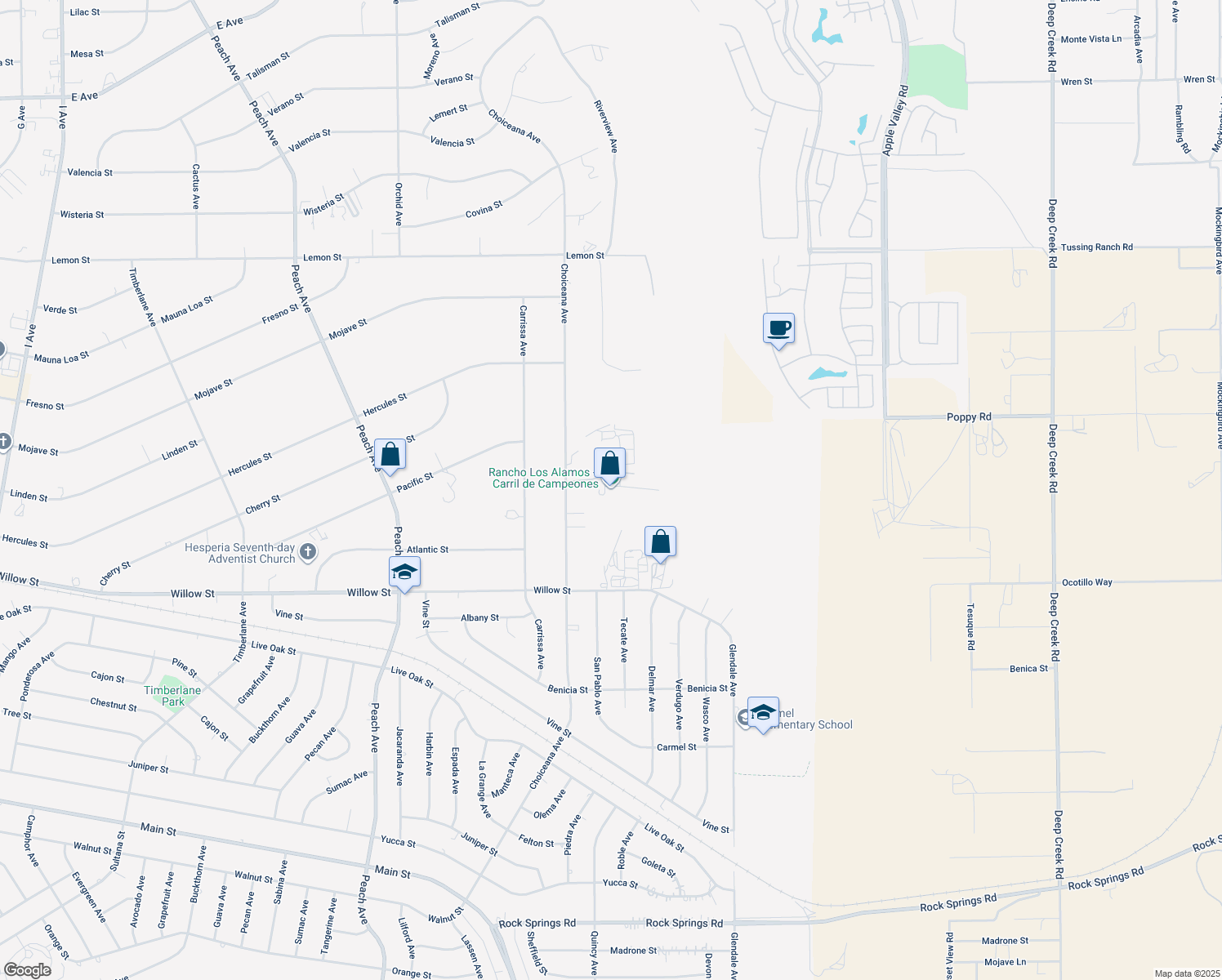 map of restaurants, bars, coffee shops, grocery stores, and more near 9983 Choiceana Avenue in Hesperia
