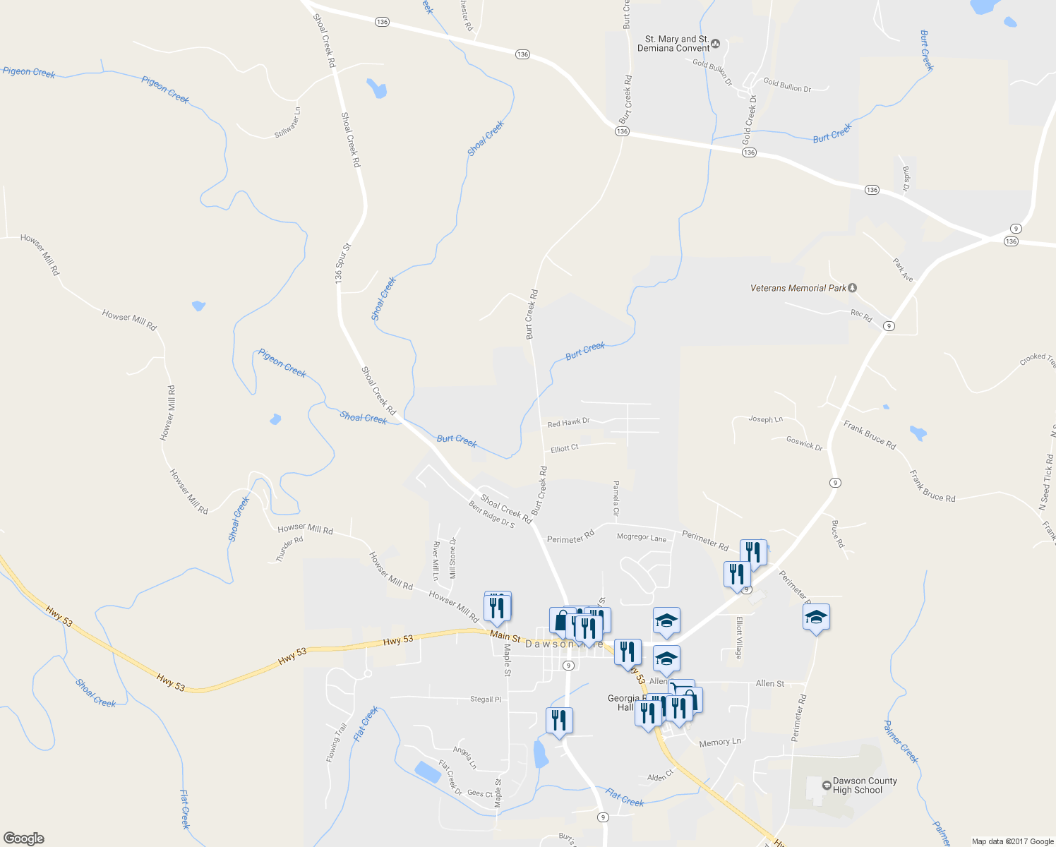 map of restaurants, bars, coffee shops, grocery stores, and more near 359 Burt Creek Road in Dawsonville