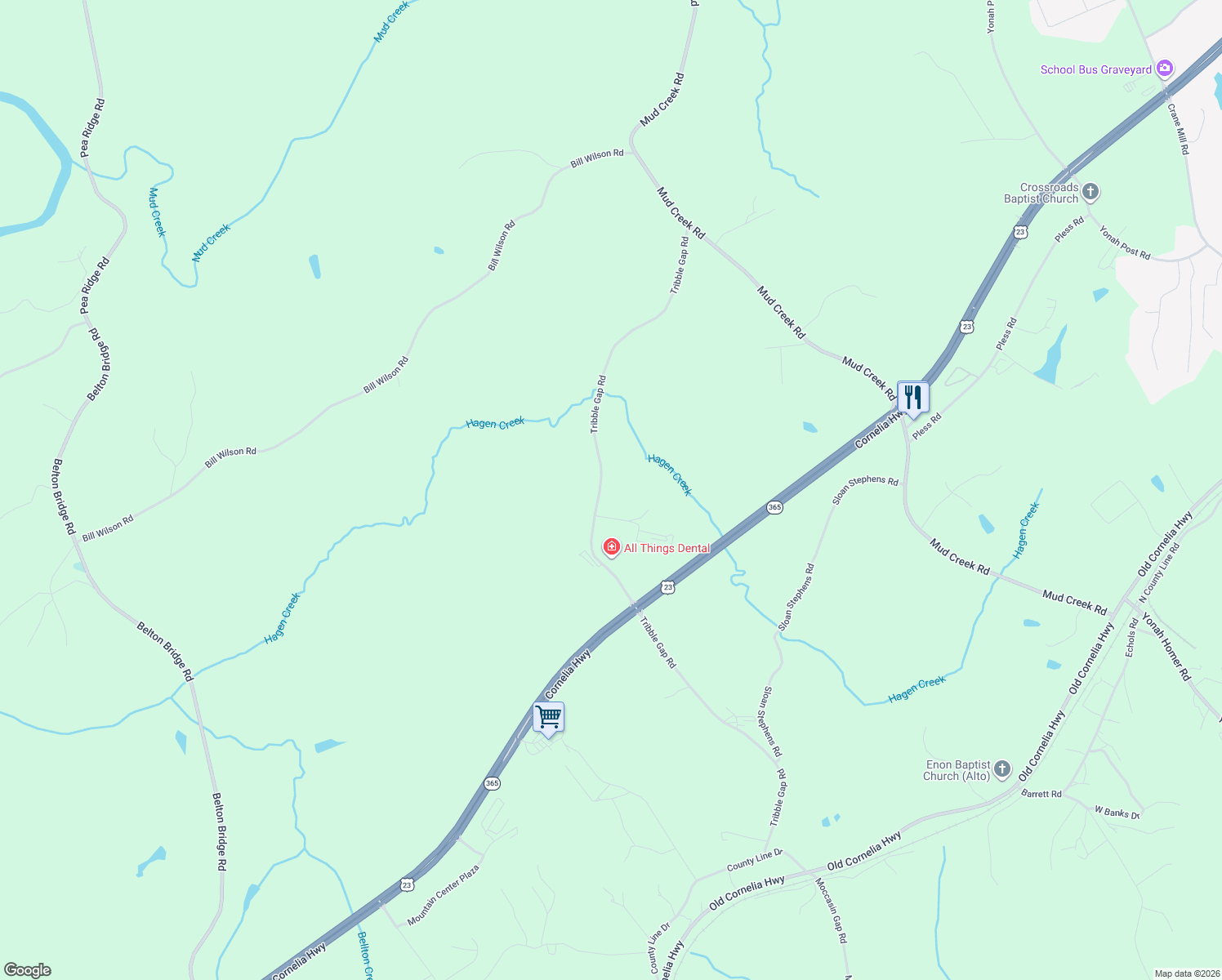 map of restaurants, bars, coffee shops, grocery stores, and more near 7408 Tribble Gap Road in Alto