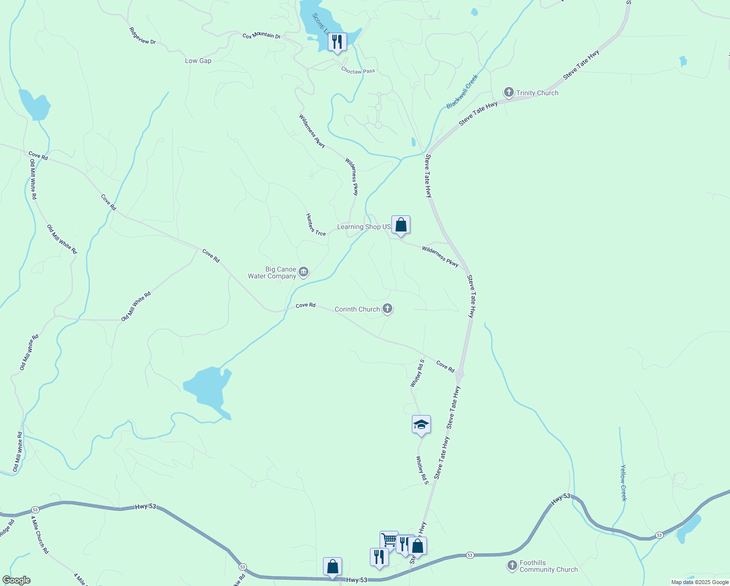 map of restaurants, bars, coffee shops, grocery stores, and more near Blackwell Creek Way in Pickens County