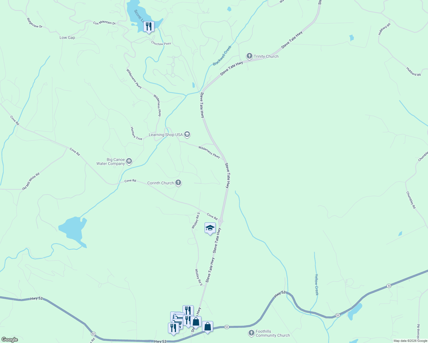 map of restaurants, bars, coffee shops, grocery stores, and more near 372 Sycamore Trail in Jasper