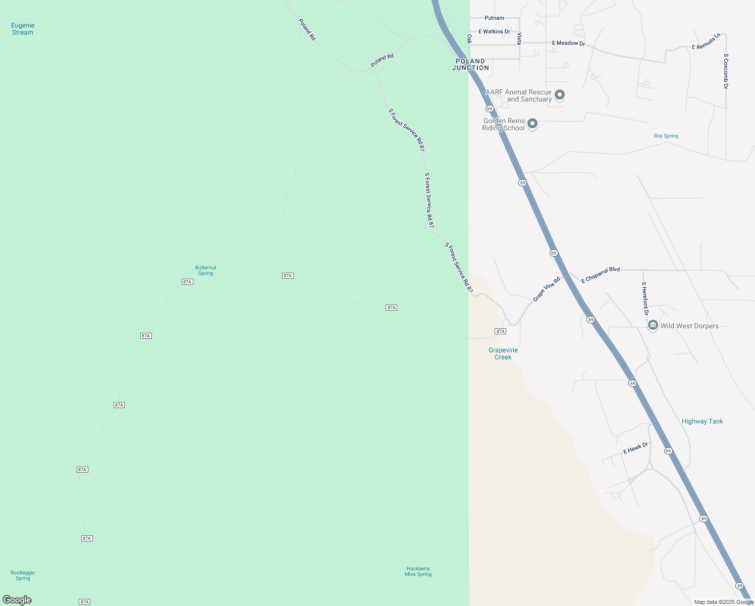 map of restaurants, bars, coffee shops, grocery stores, and more near Forest Service Road 87A in Mayer