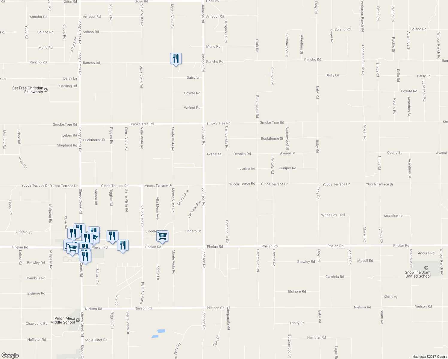 map of restaurants, bars, coffee shops, grocery stores, and more near 10142 Campanula Road in Phelan
