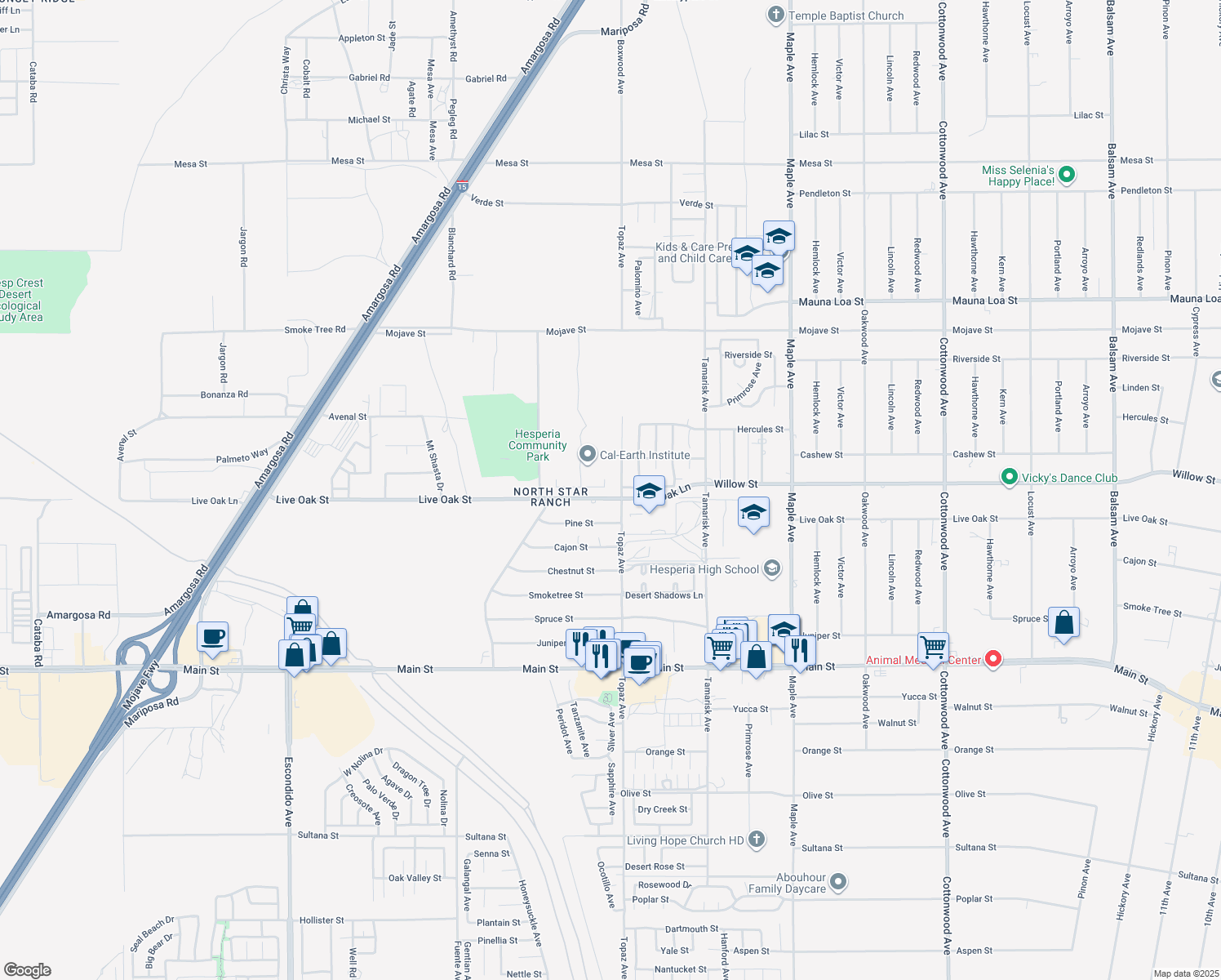 map of restaurants, bars, coffee shops, grocery stores, and more near 10121 Julianne Avenue in Hesperia
