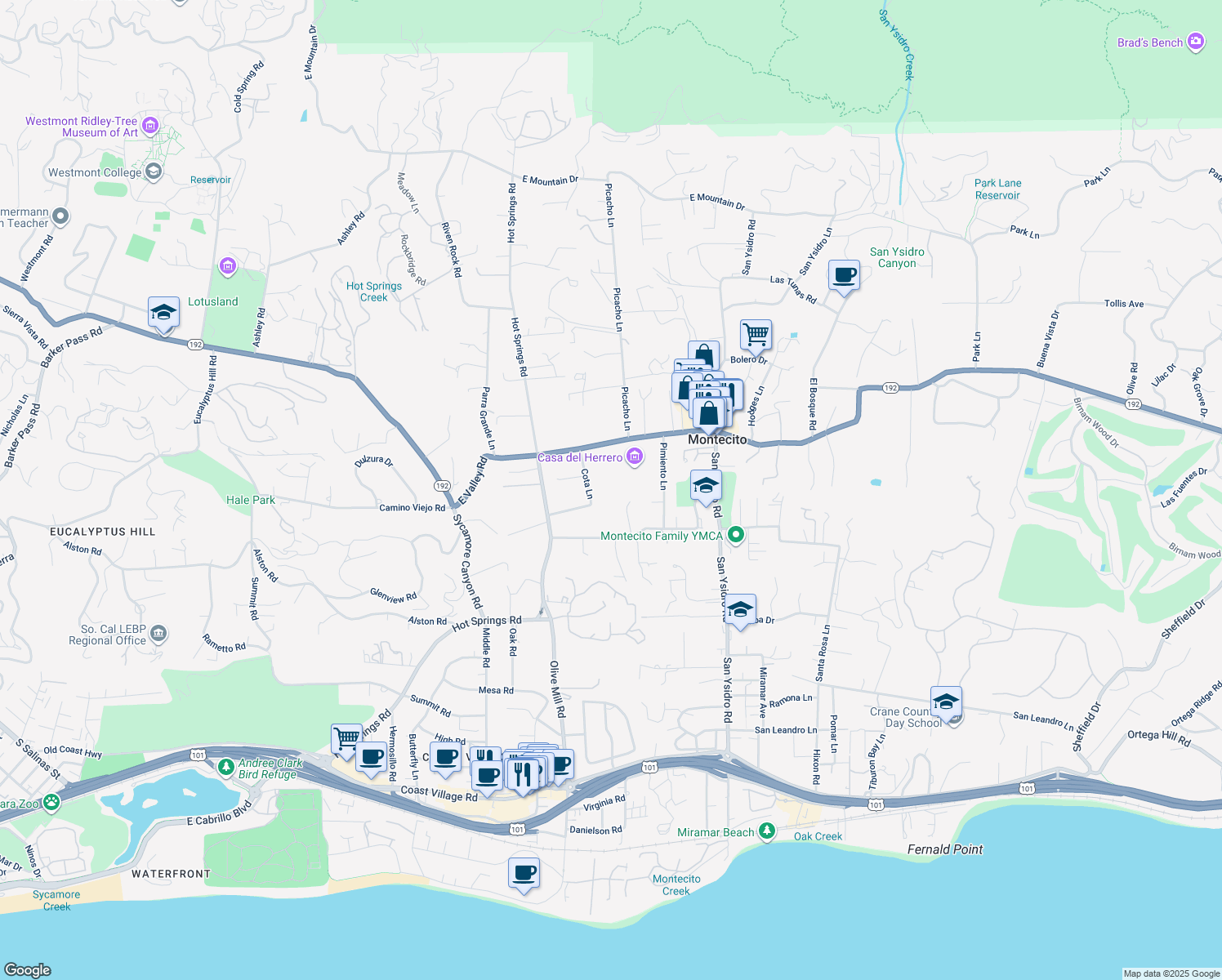 map of restaurants, bars, coffee shops, grocery stores, and more near 1381 East Valley Road in Montecito