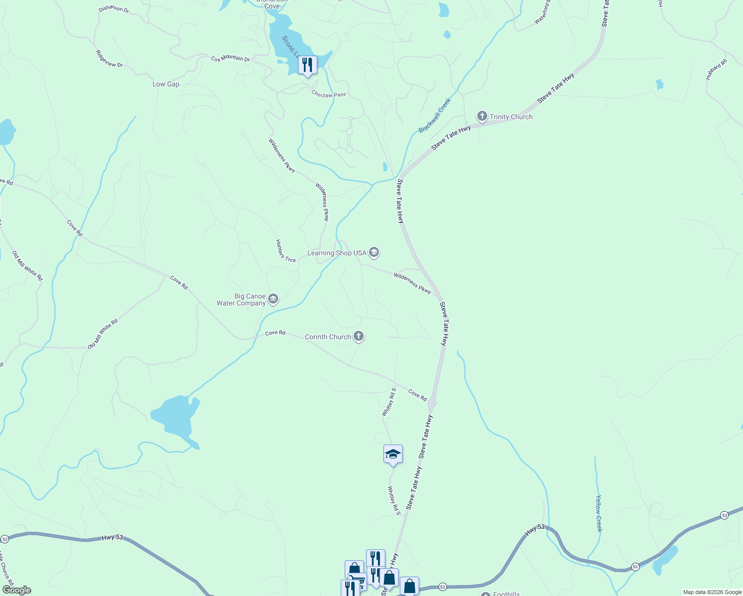 map of restaurants, bars, coffee shops, grocery stores, and more near 157 Wilderness Knoll in Big Canoe