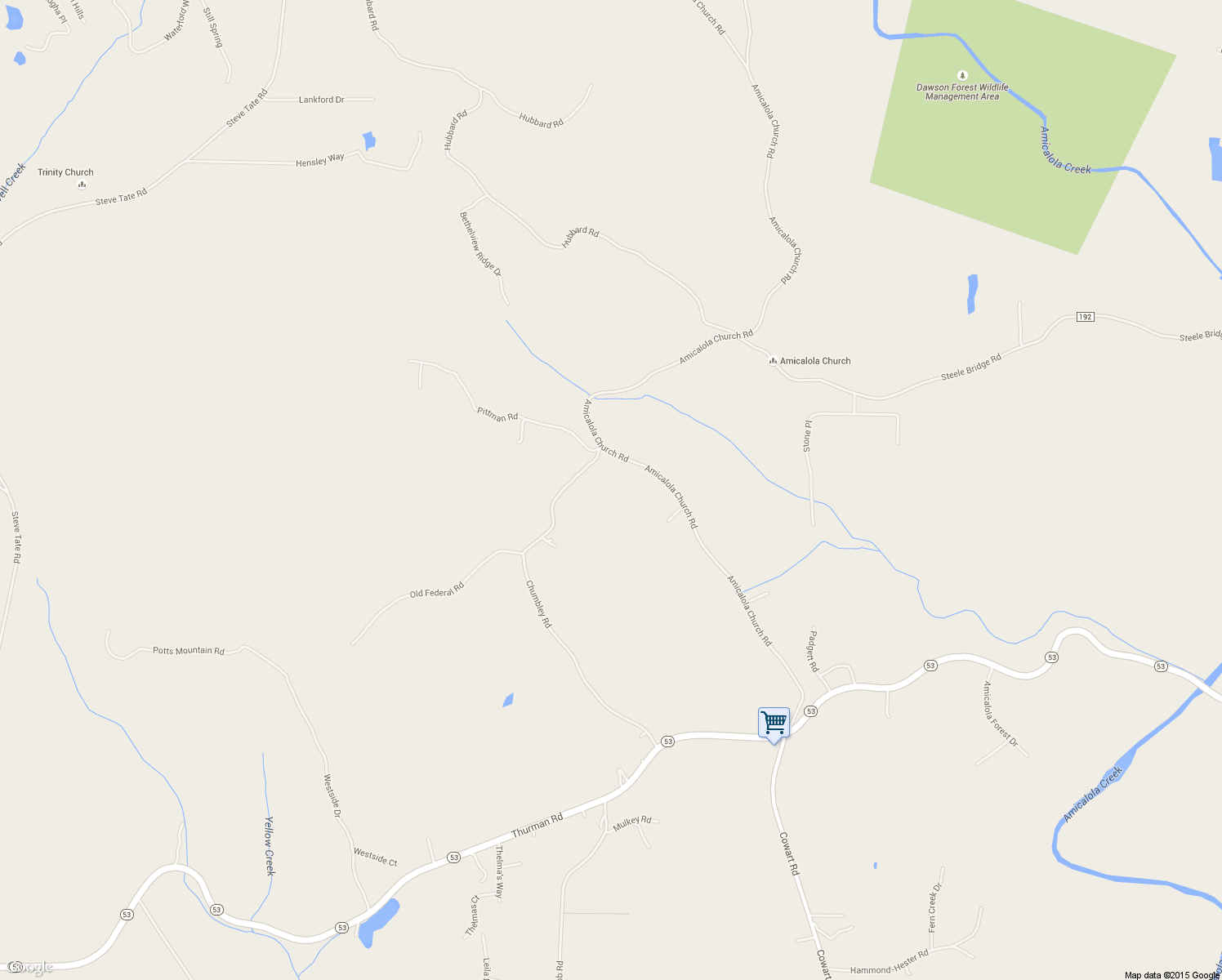 map of restaurants, bars, coffee shops, grocery stores, and more near 1001 Amicalola Church Road in Dawsonville