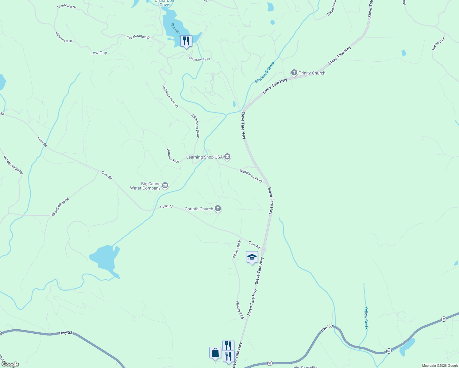 map of restaurants, bars, coffee shops, grocery stores, and more near 152 Wilderness Knoll in Jasper